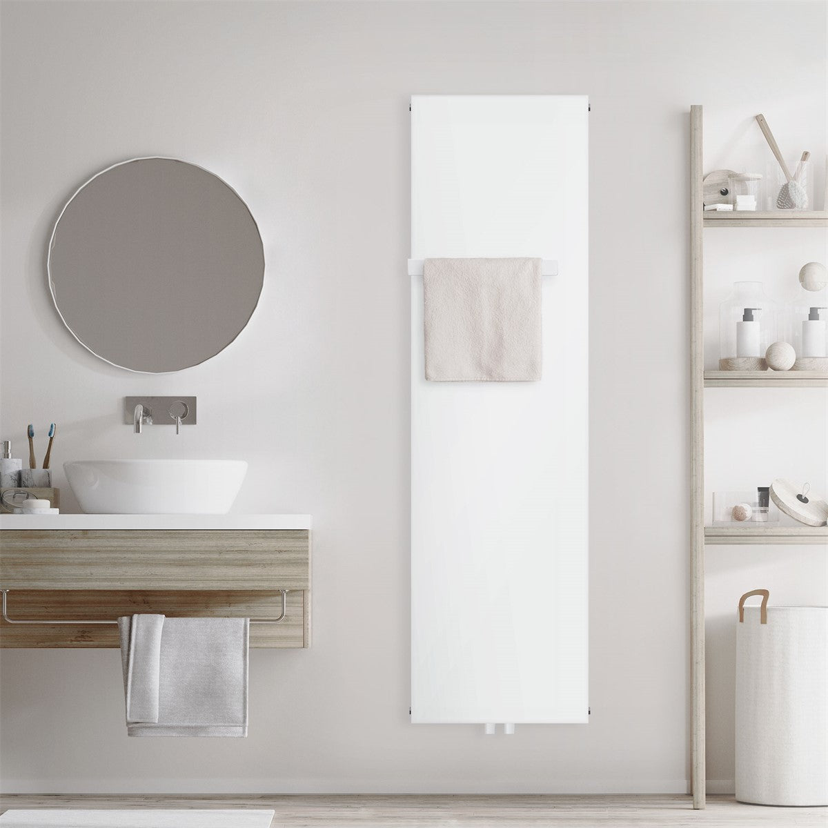 Vit radiator på en vägg med en handduk.