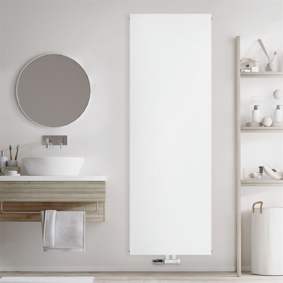 Panneau chauffant blanc fixé au mur dans une salle de bains moderne.