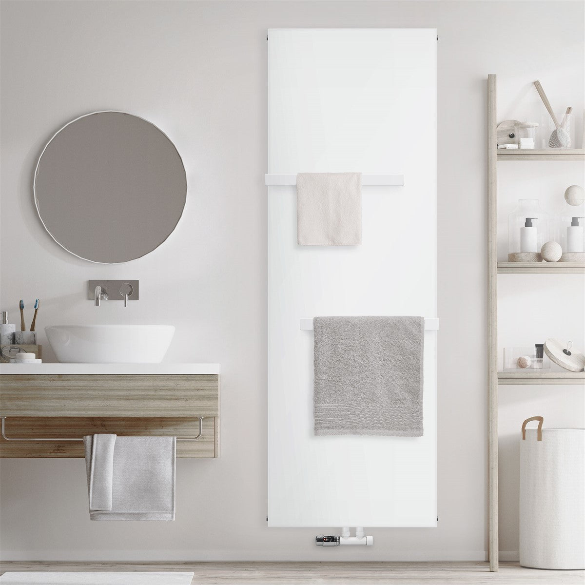 Radiateur blanc fixé au mur, à côté d’un lavabo et d’étagères.