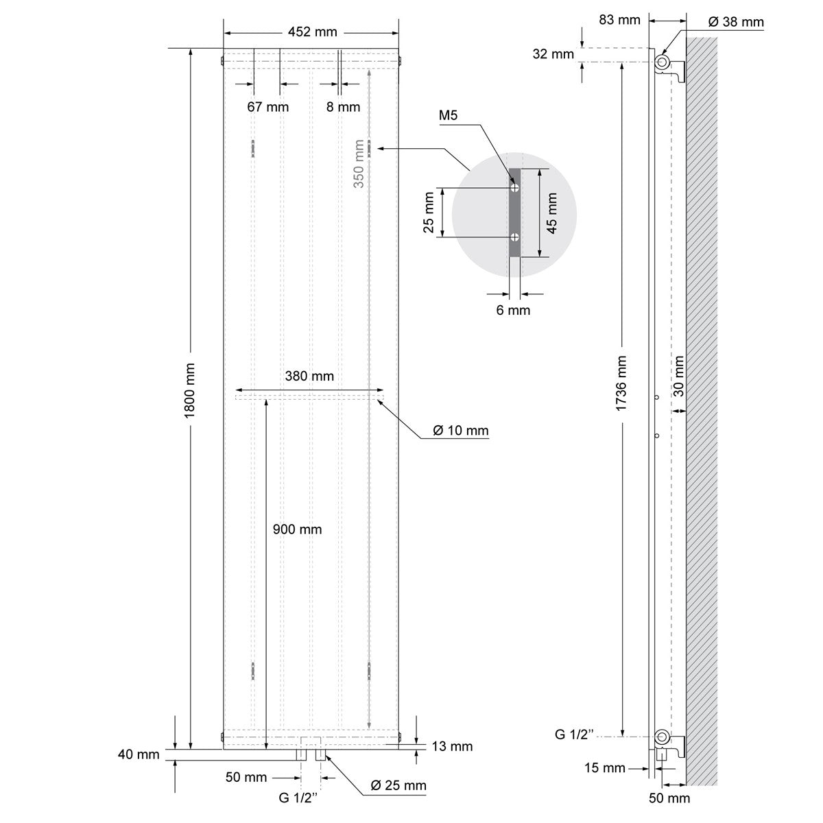 Dessin technique d’un radiateur avec dimensions et détails.
