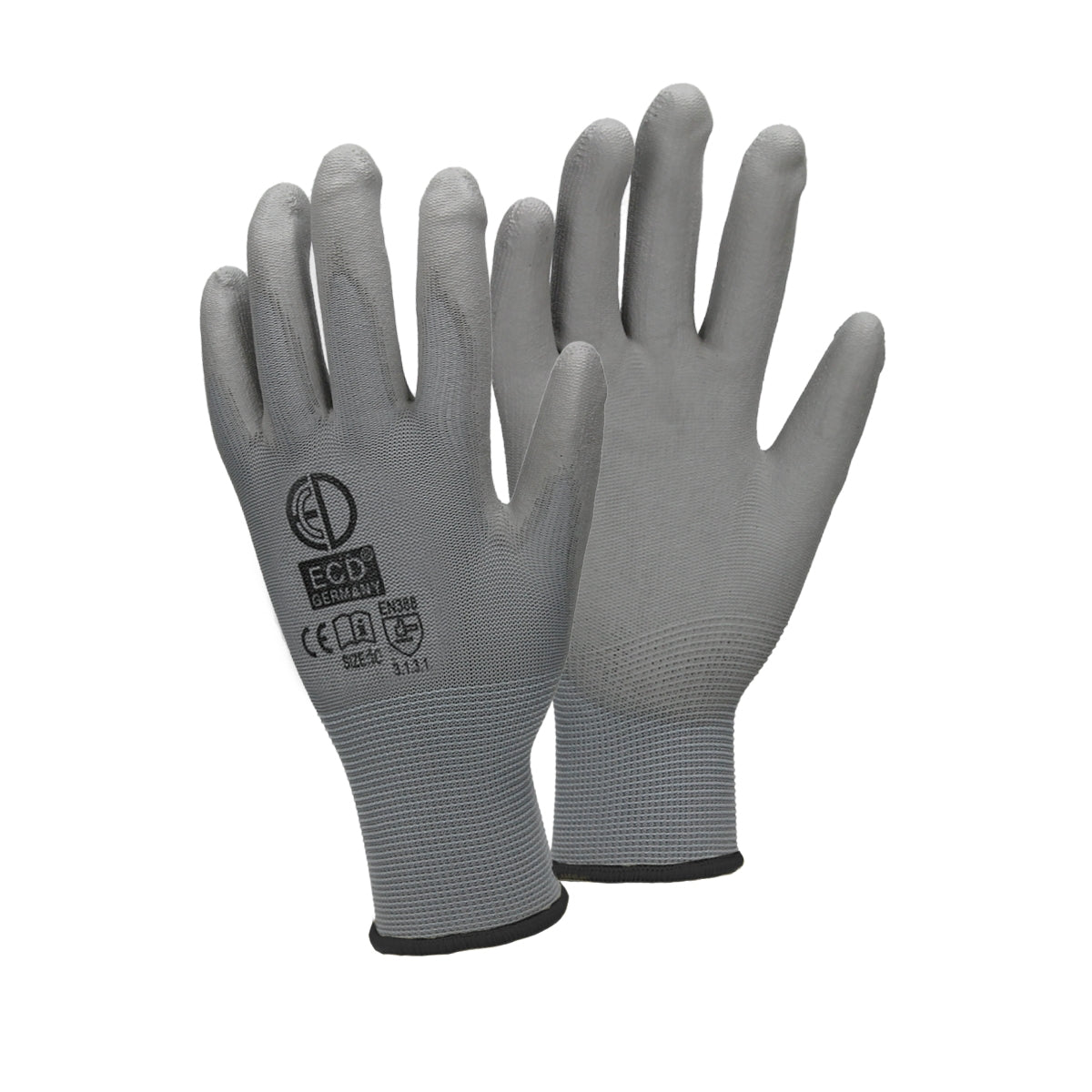 Zwei graue Mechanikerhandschuhe mit schwarzem Bund auf weißem Hintergrund.