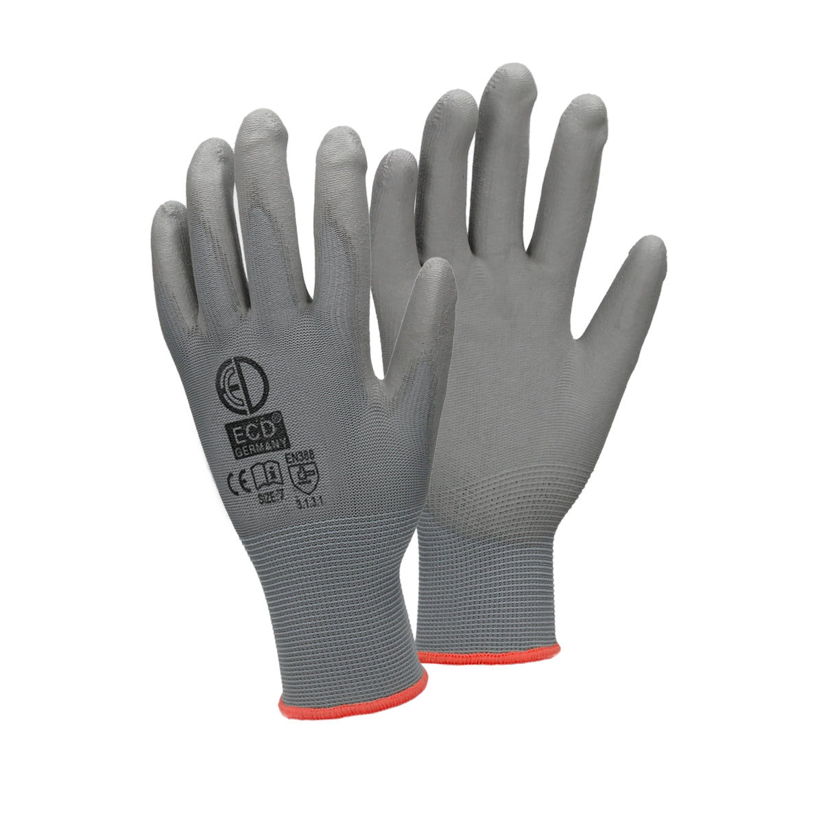 Zwei graue Mechanikerhandschuhe, sichtbar von vorne.