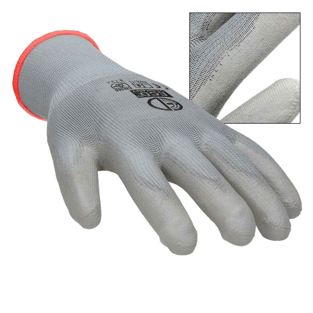 Grauer Mechanikerhandschuh, sichtbar von der Seite mit Detailansicht.