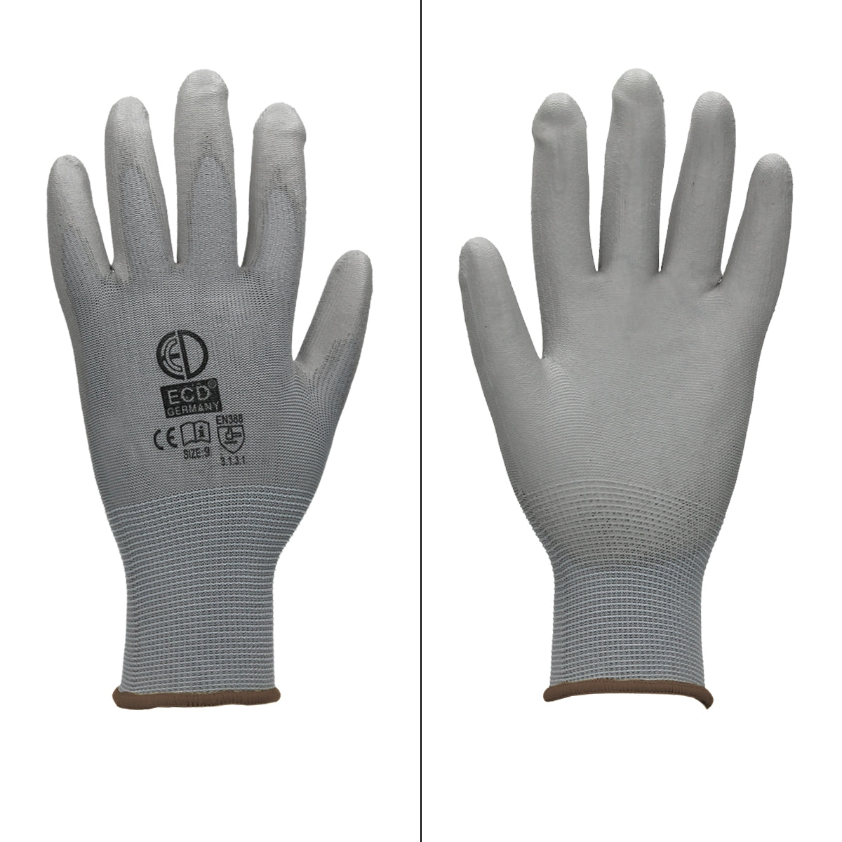 Grauer Mechanikerhandschuh, sichtbar von vorne, mit Logo.
