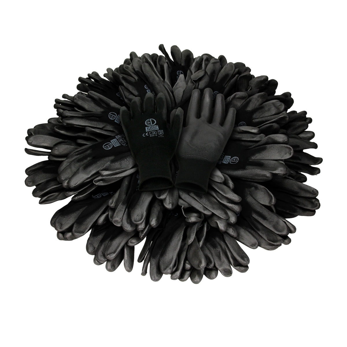 Viele schwarze Mechanikerhandschuhe in einer kreisförmigen Anordnung.