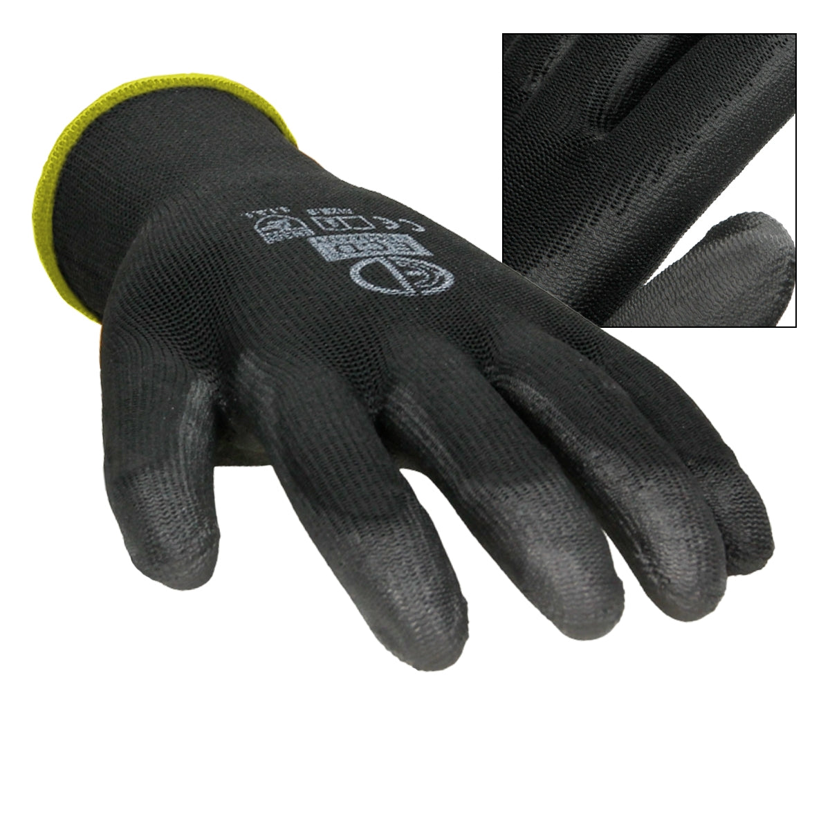Schwarzer Mechanikerhandschuh mit gelbem Bündchen, Handfläche sichtbar.