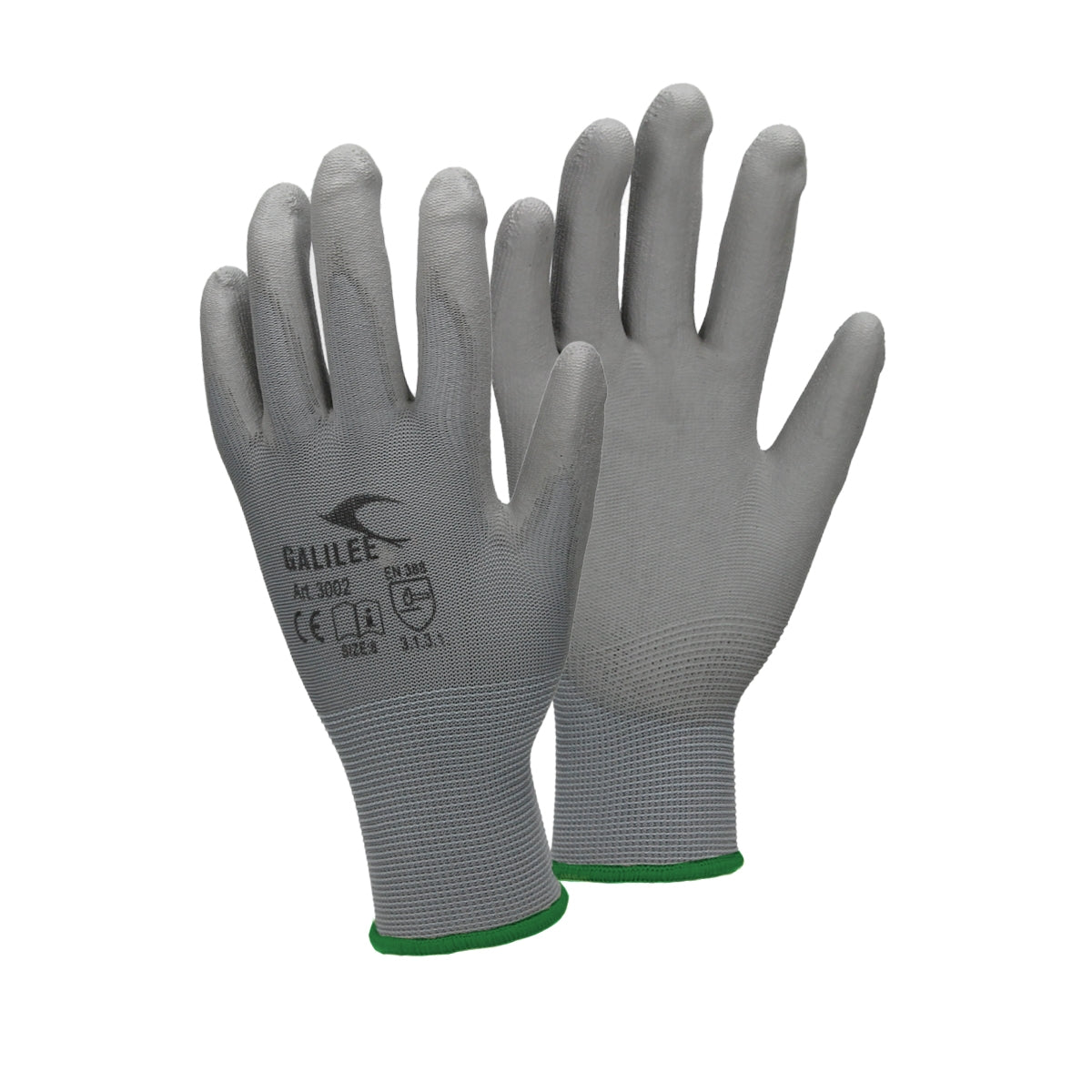 Graue Mechanikerhandschuhe in Größe XXL, mit grünem Bündchen.