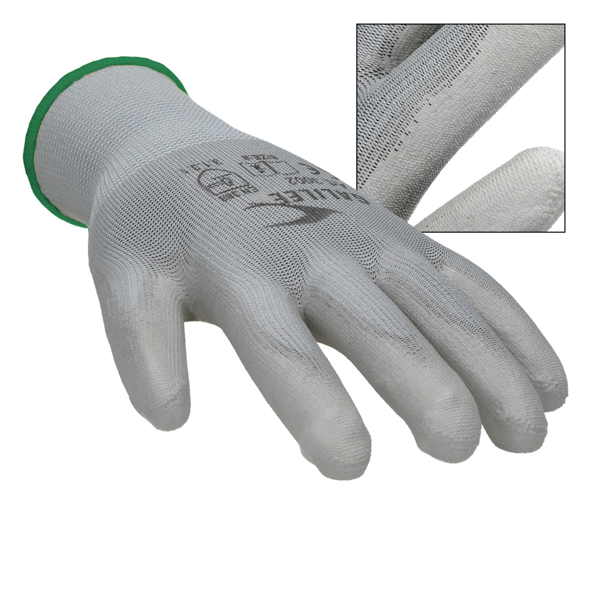 Grauer Mechanikerhandschuh mit grünem Bund, Detailansicht der Hand.