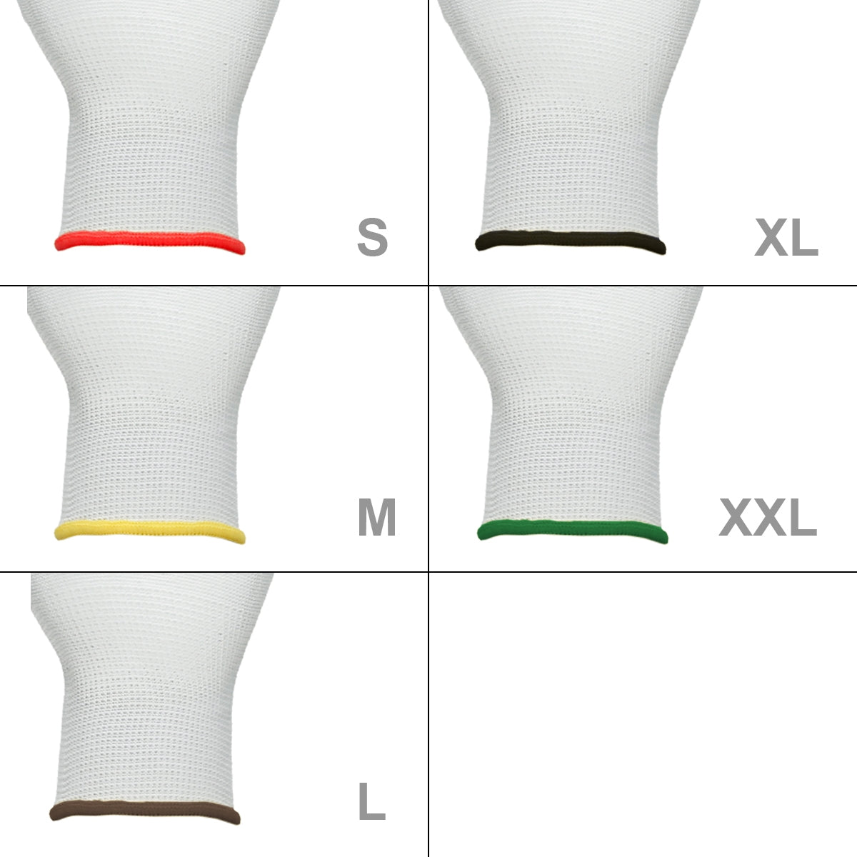 Weißer Mechanikerhandschuh mit farbigen Größenmarkierungen.