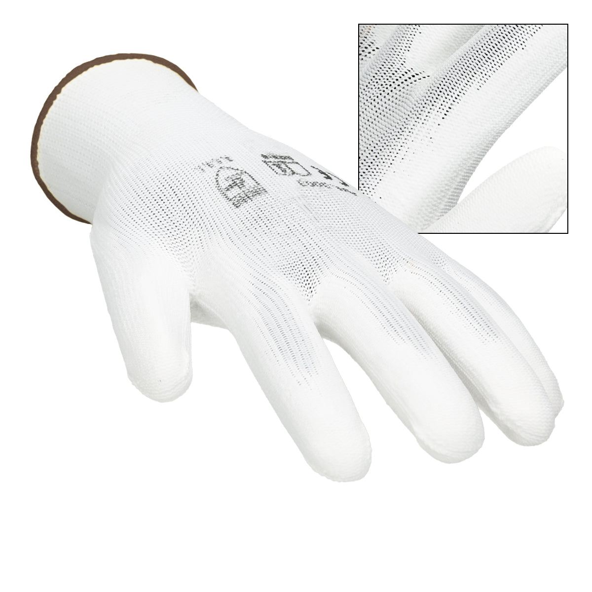 White mechanic glove in L with brown cuff.