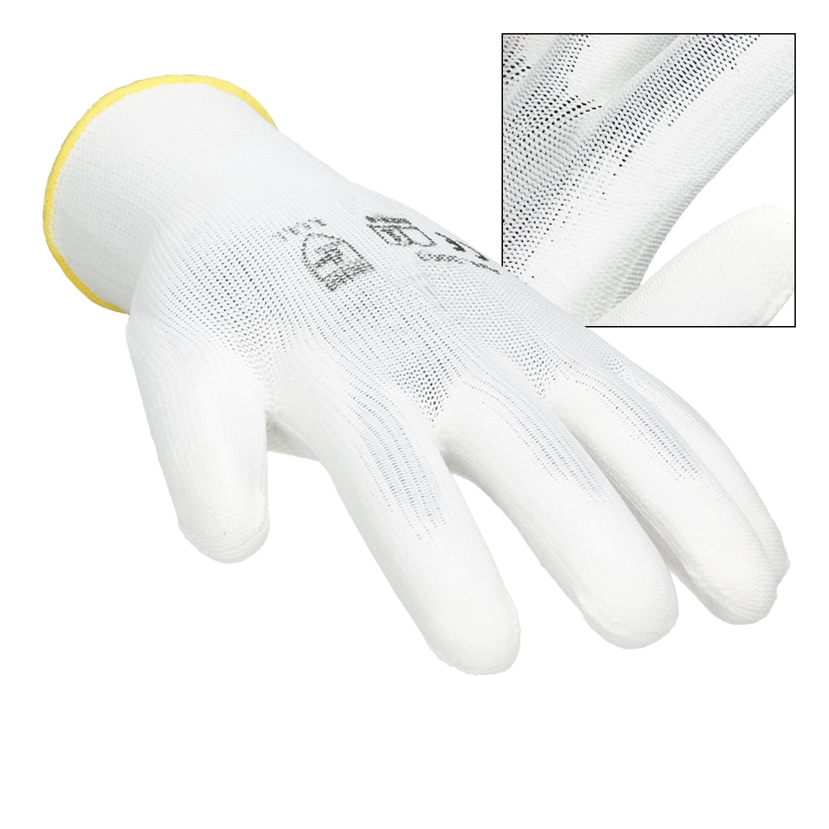 Weißer Mechanikerhandschuh mit gelbem Bund, Detailansicht der Hand.