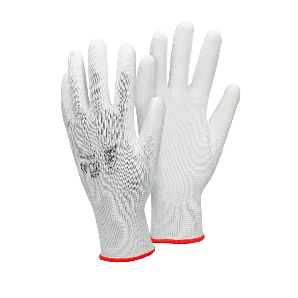 Weißer Mechanikerhandschuh mit rotem Bündchen und ECD-Logo.