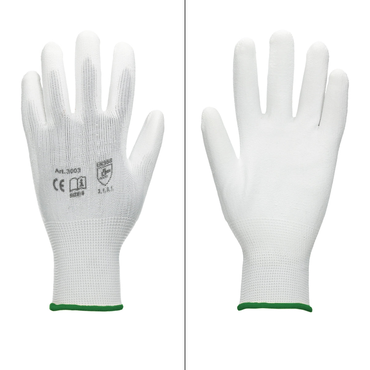 Weiße Mechanikerhandschuhe in Größe XXL, Ansicht von vorne und hinten.