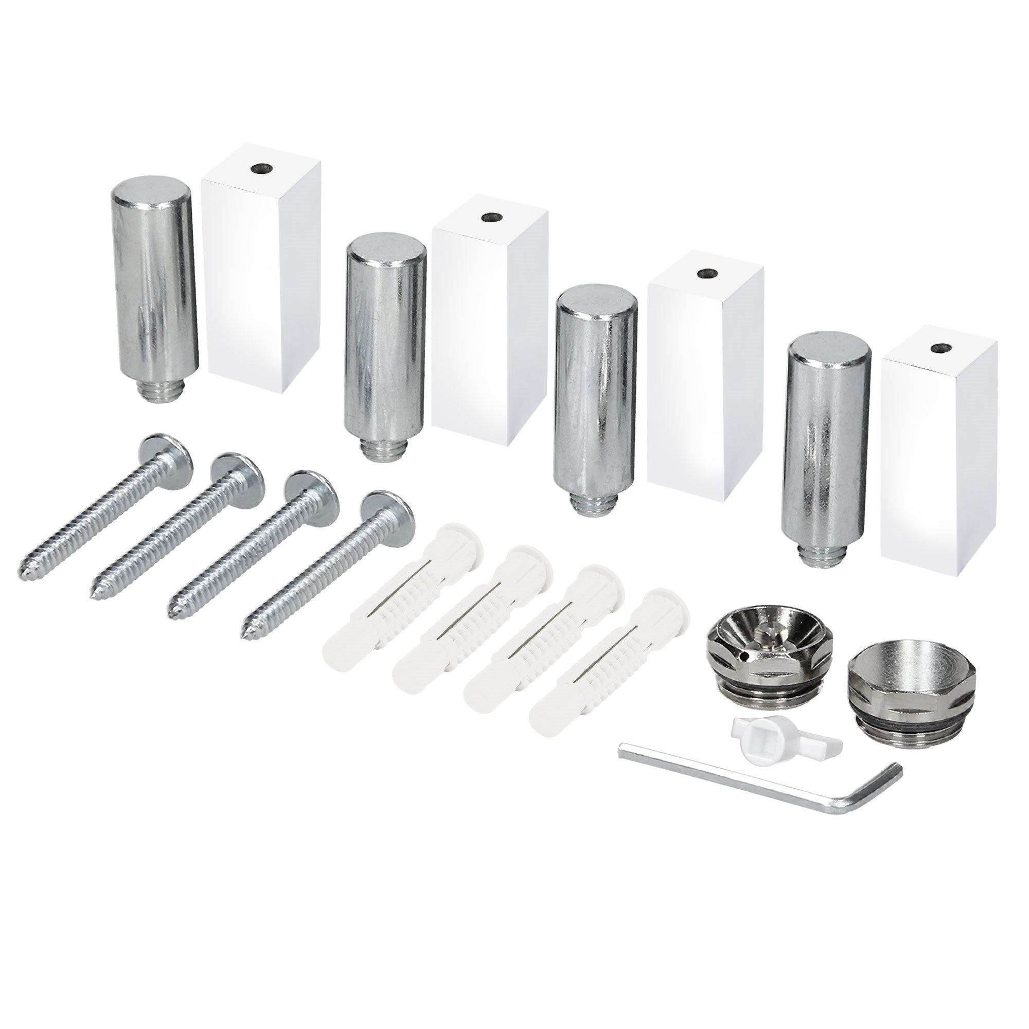 Mounting set with white brackets, screws, and accessories.