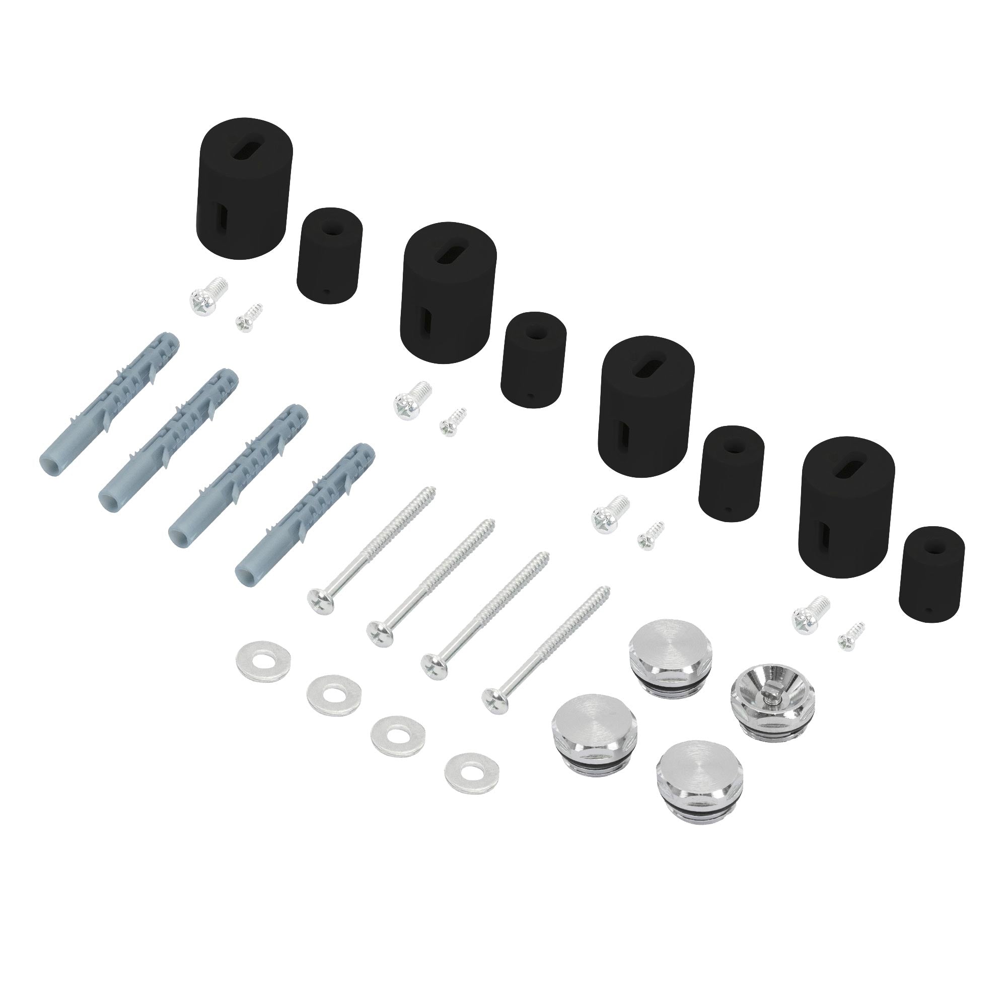 Mounting set with various parts in black and silver.
