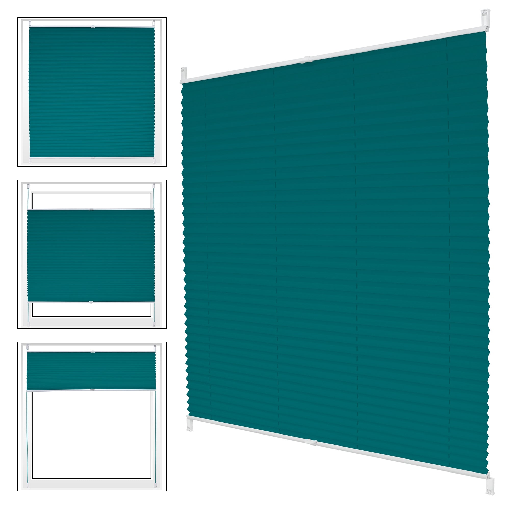 Tenda plissettata color teal in diverse posizioni a una finestra.