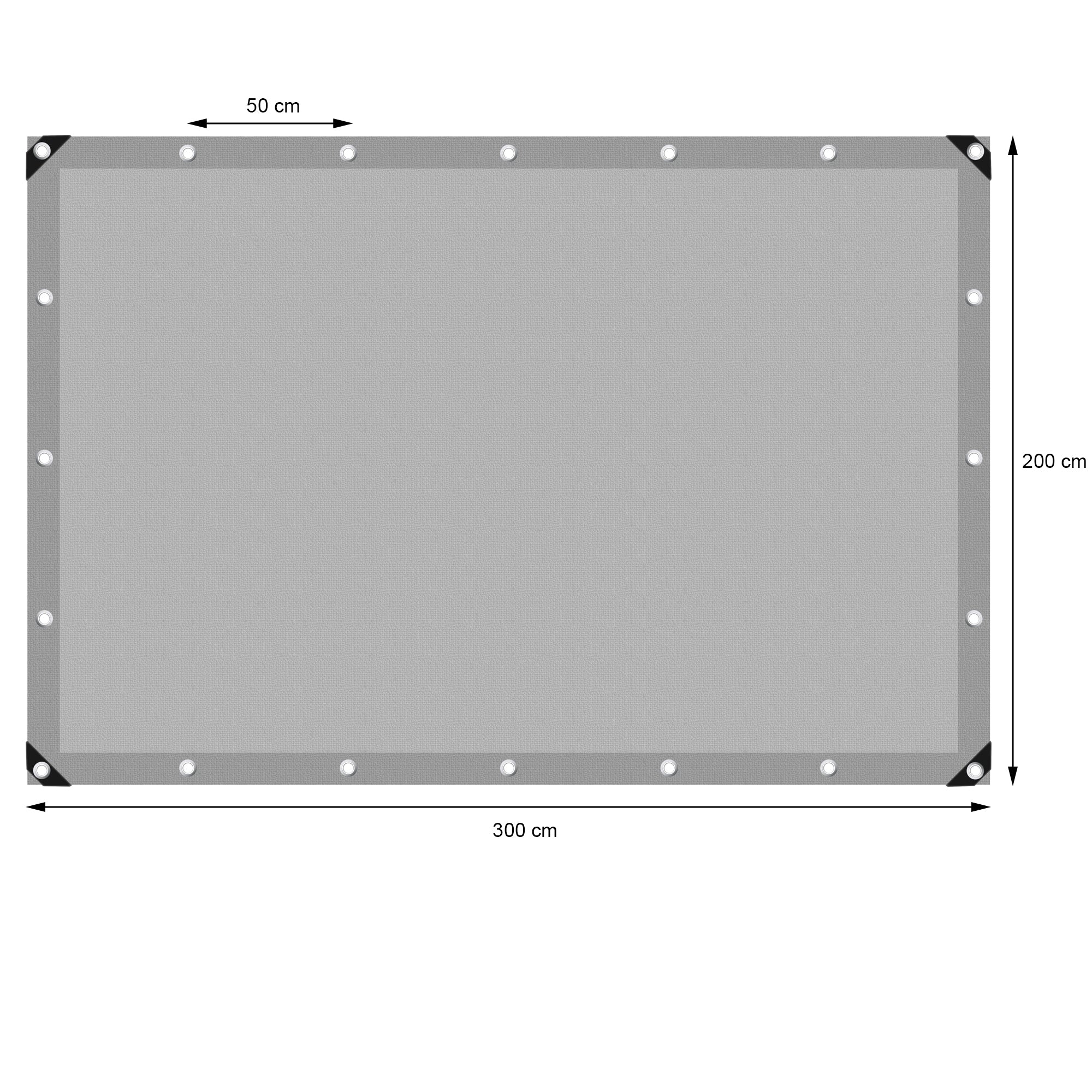 Graue Plane mit Maßen 300 cm x 200 cm und Ösen an den Ecken.