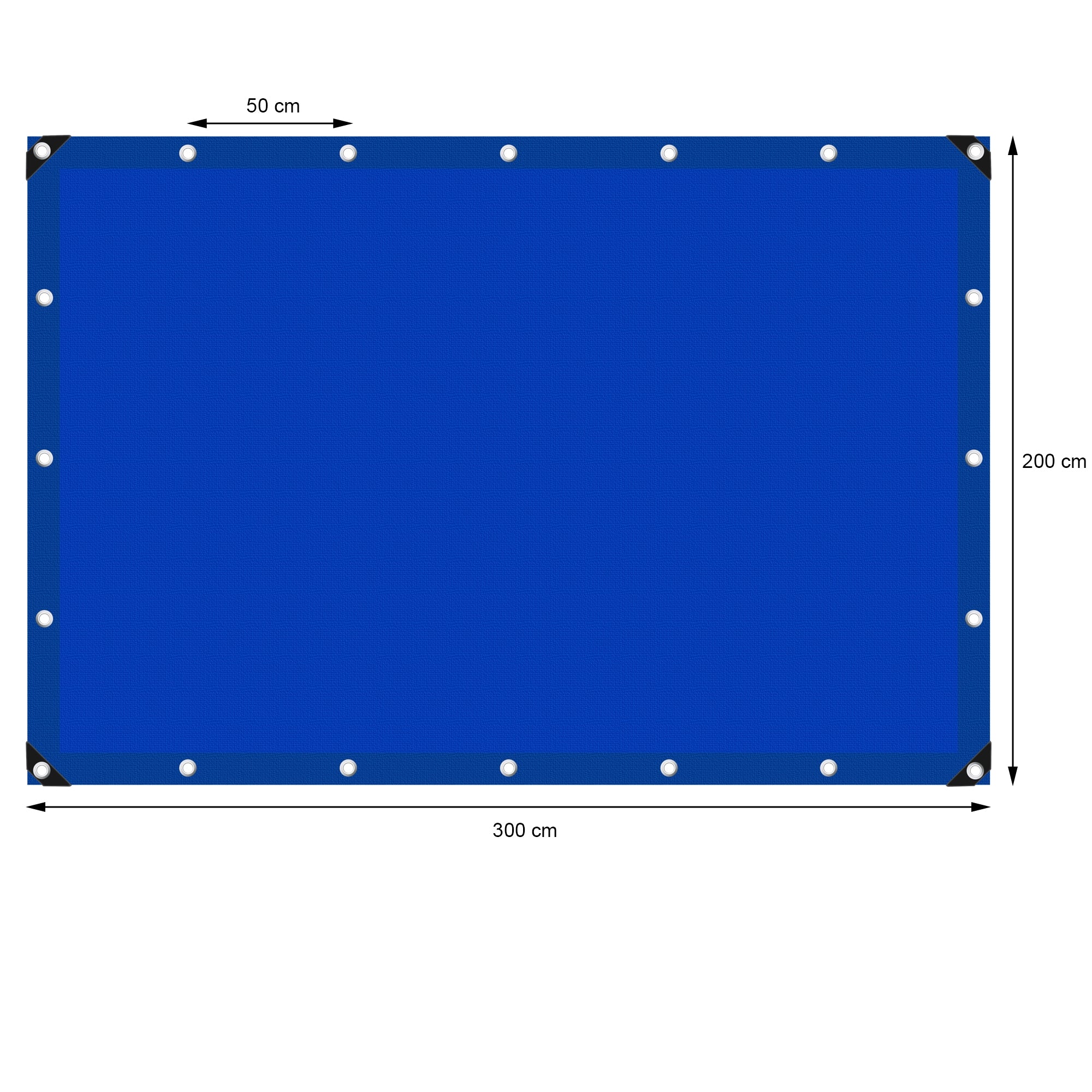 Blaue Plane mit Maßen 300 cm x 200 cm und Ösen an den Ecken.