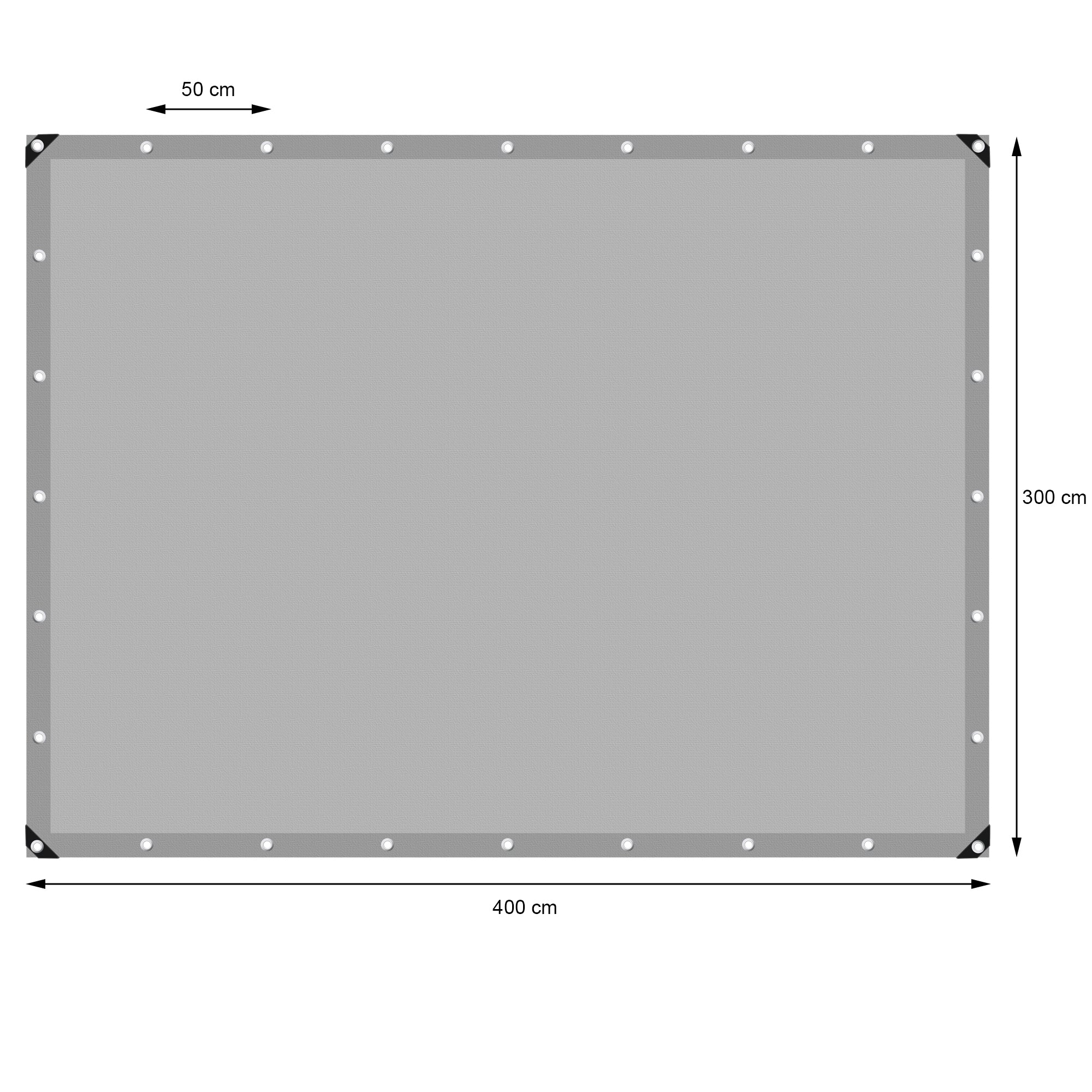 Harmaa pressu mitoiltaan 400 cm x 300 cm ja rei'illä kulmissa.