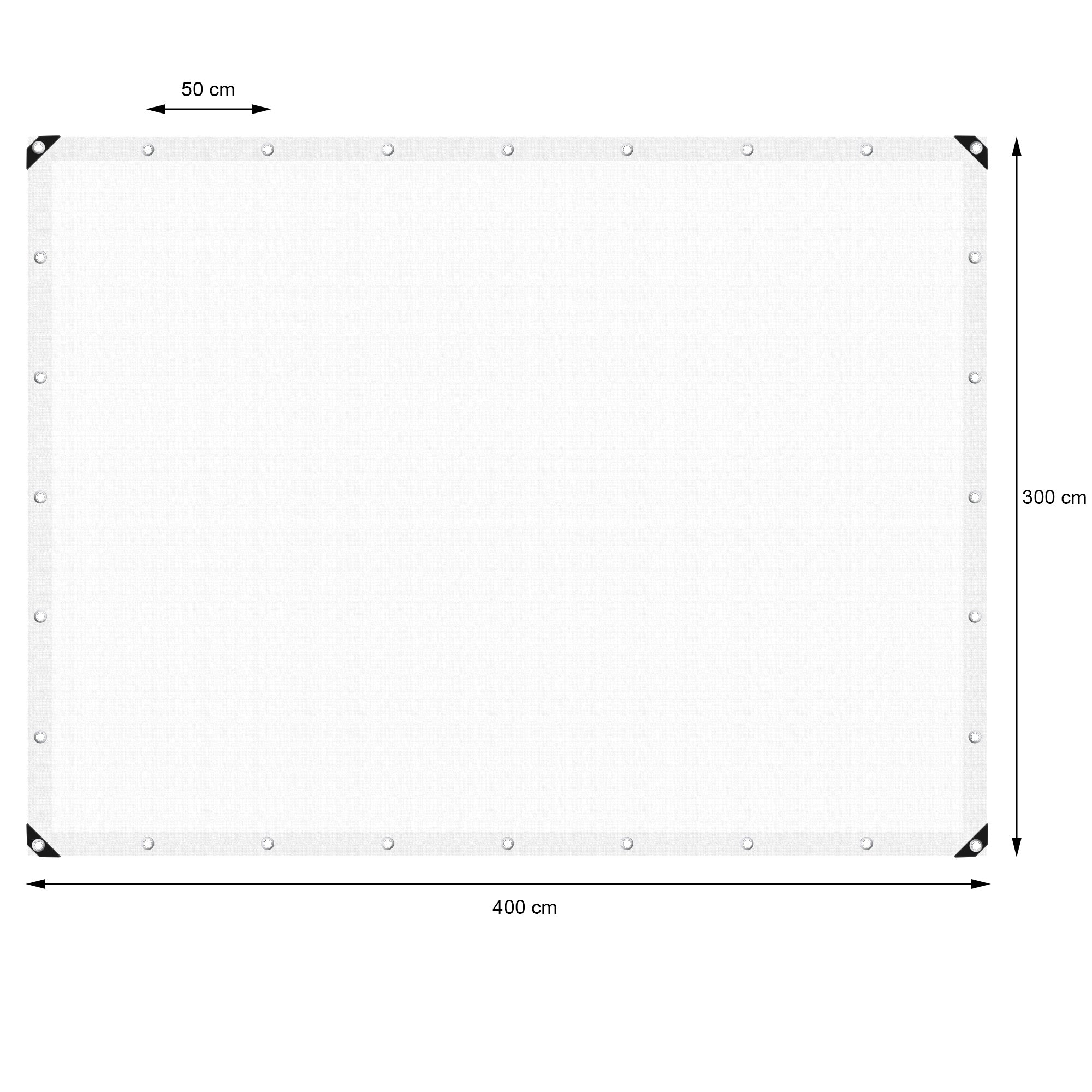 Bílá plachta o rozměrech 400 cm x 300 cm, s oky v rozích.