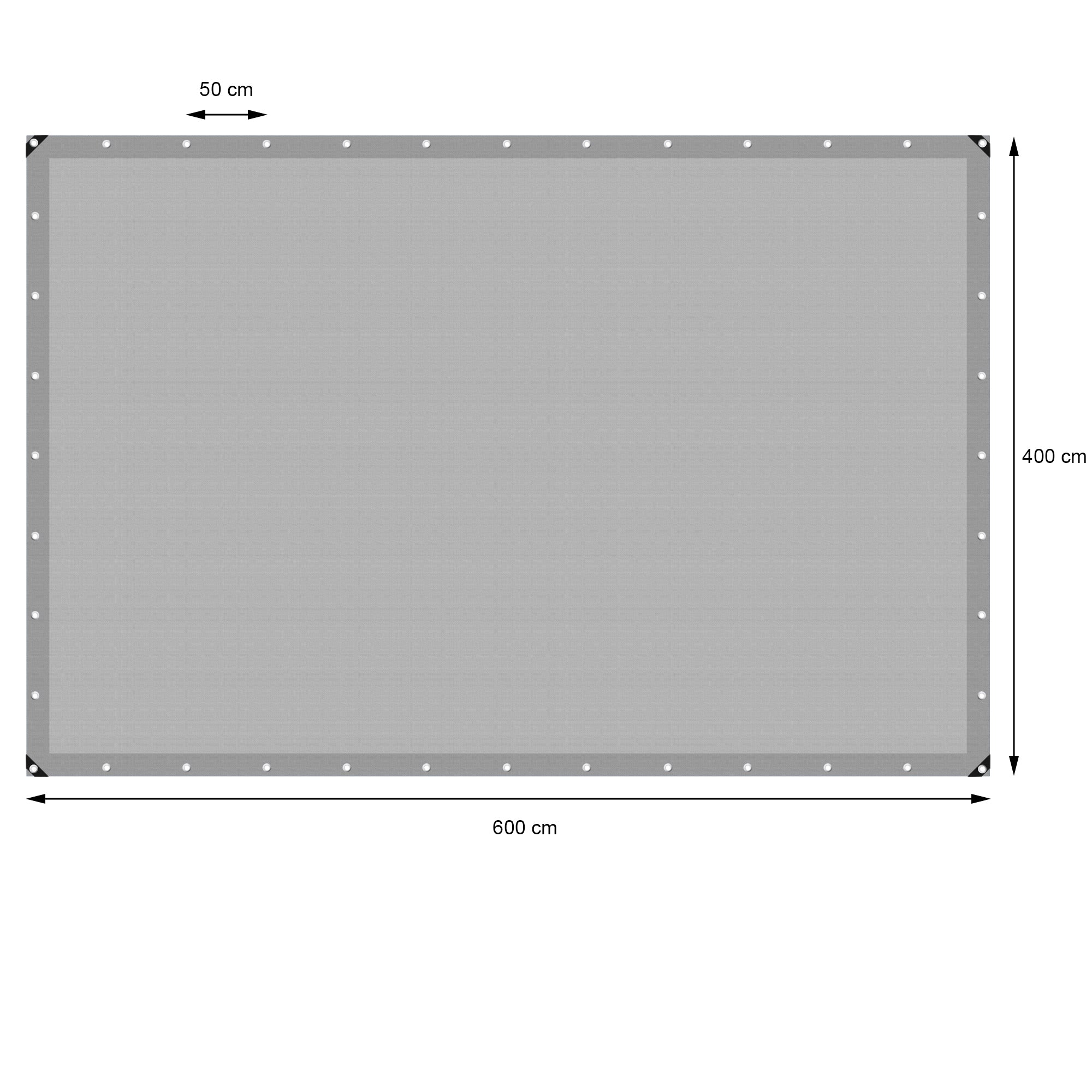 Graue Plane mit Maßen 600 cm x 400 cm und Ösen an den Rändern.