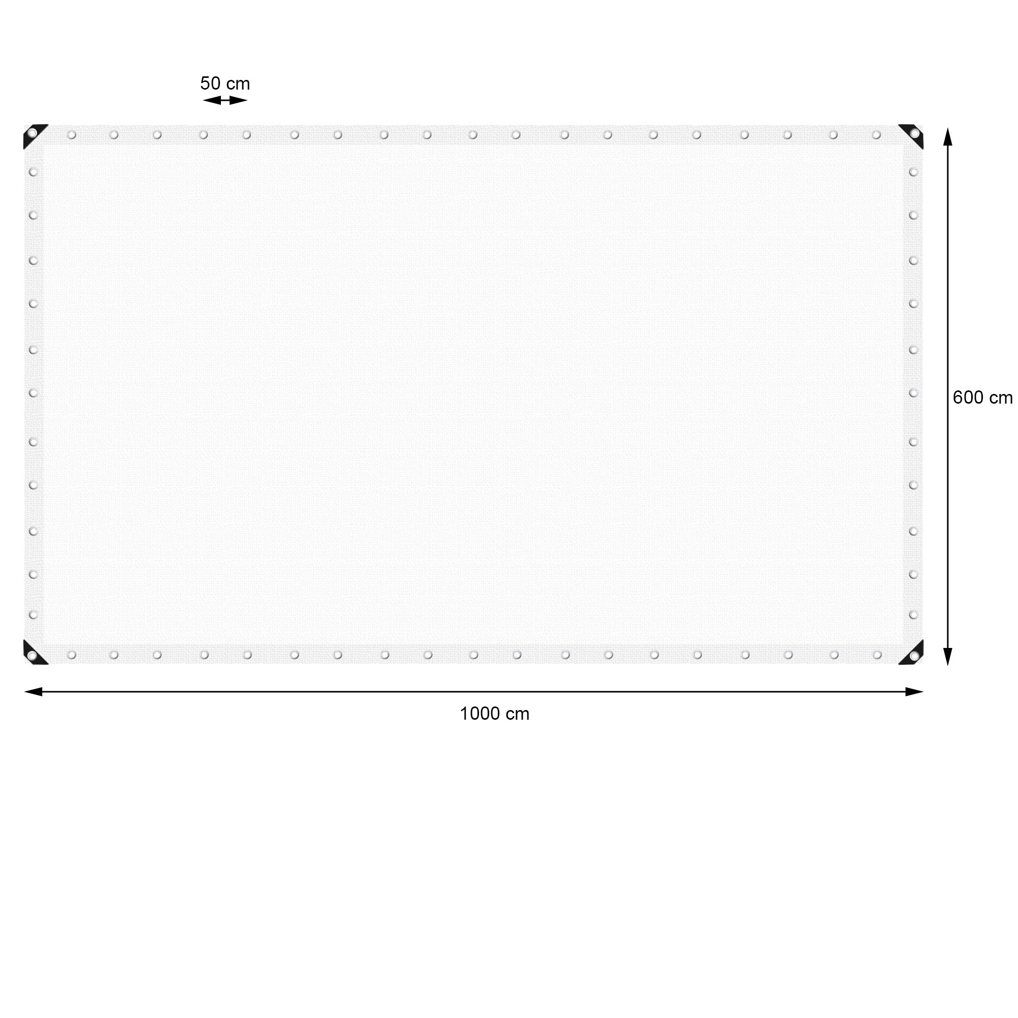 White tarp measuring 1000 cm x 600 cm, with eyelets at the corners.