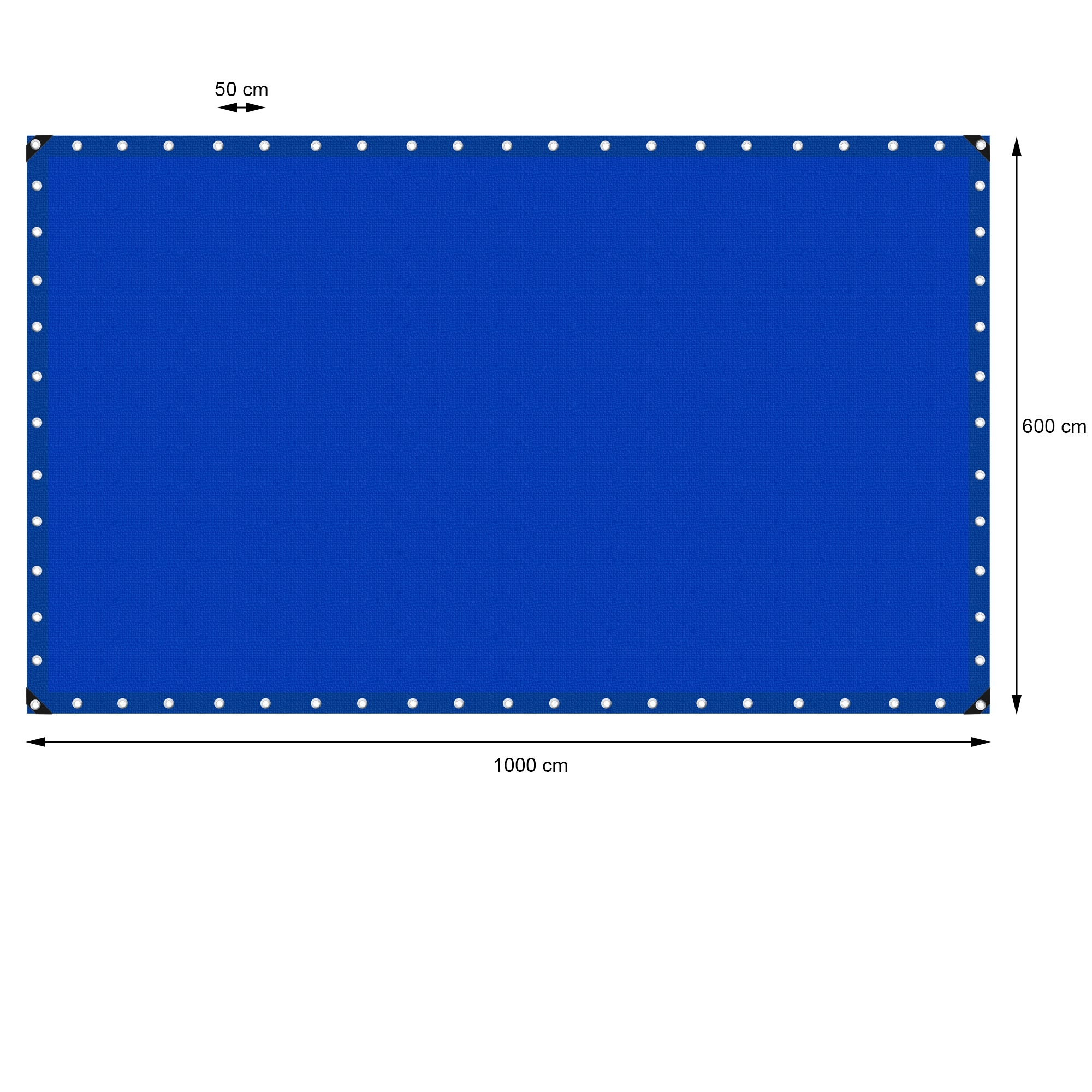 Modrá plachta o rozměrech 1000 cm x 600 cm s oky na okrajích.