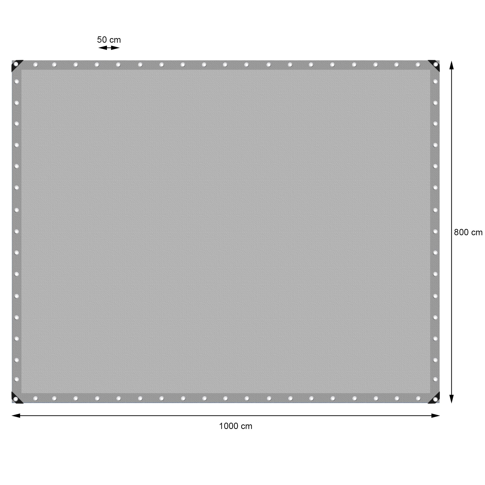 Graue, rechteckige Plane mit Maßen 1000 cm x 800 cm.