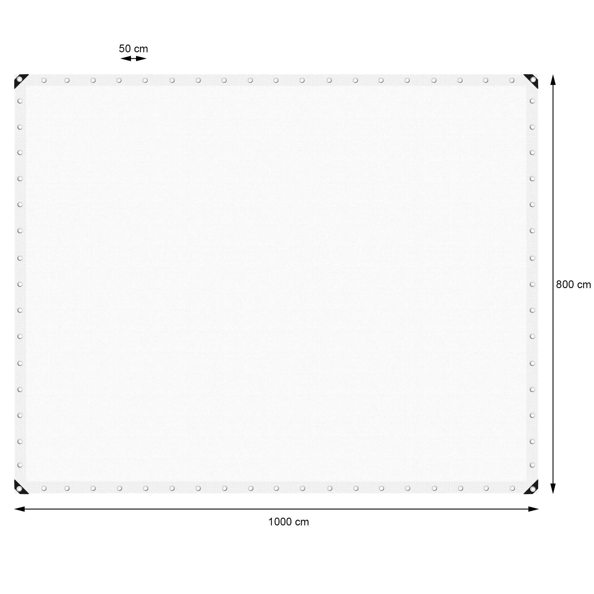 Weiße Plane mit Maßen 1000 cm x 800 cm, mit Ösen an den Rändern.