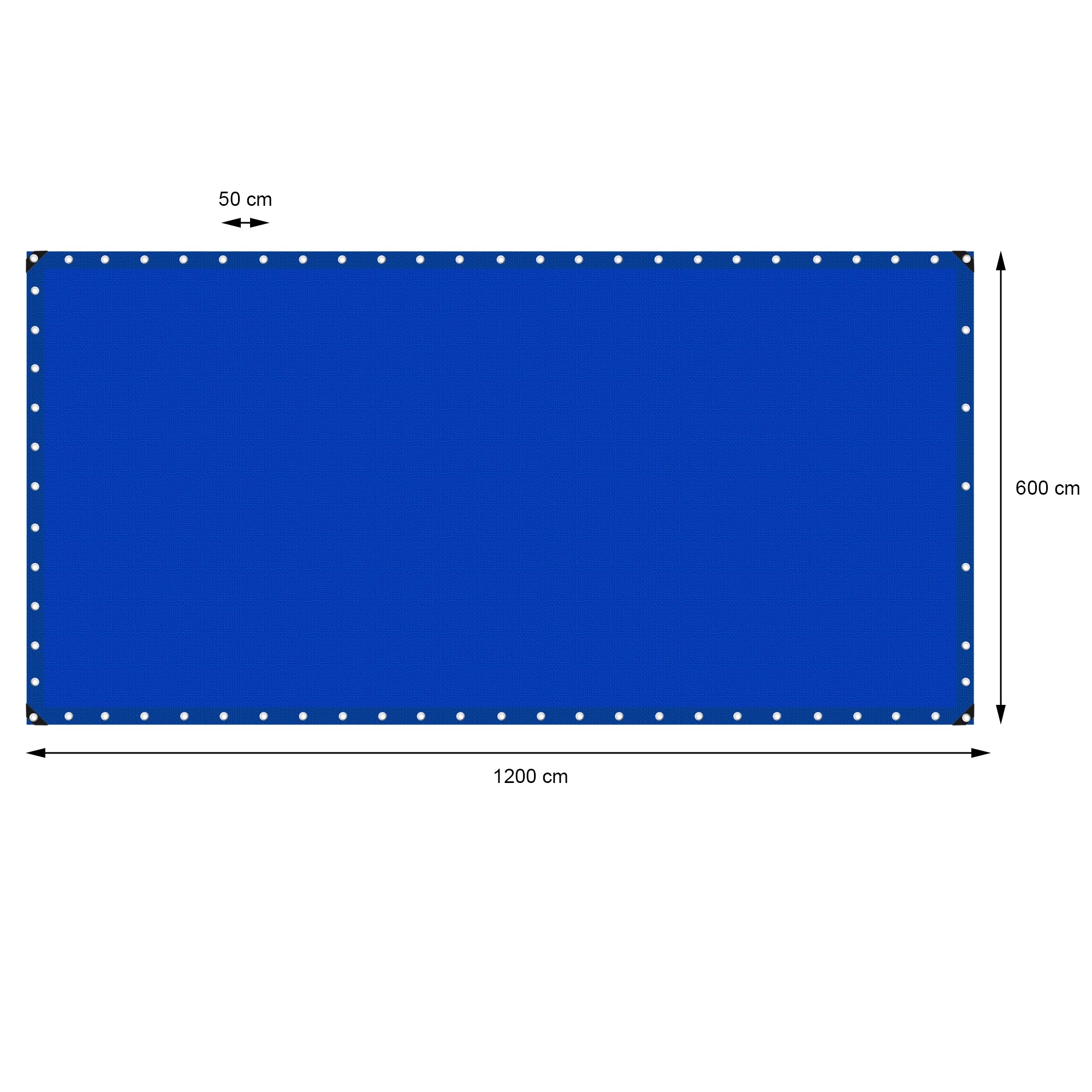 Sininen pressu, mitat 1200 cm x 600 cm ja reiät reunoissa.