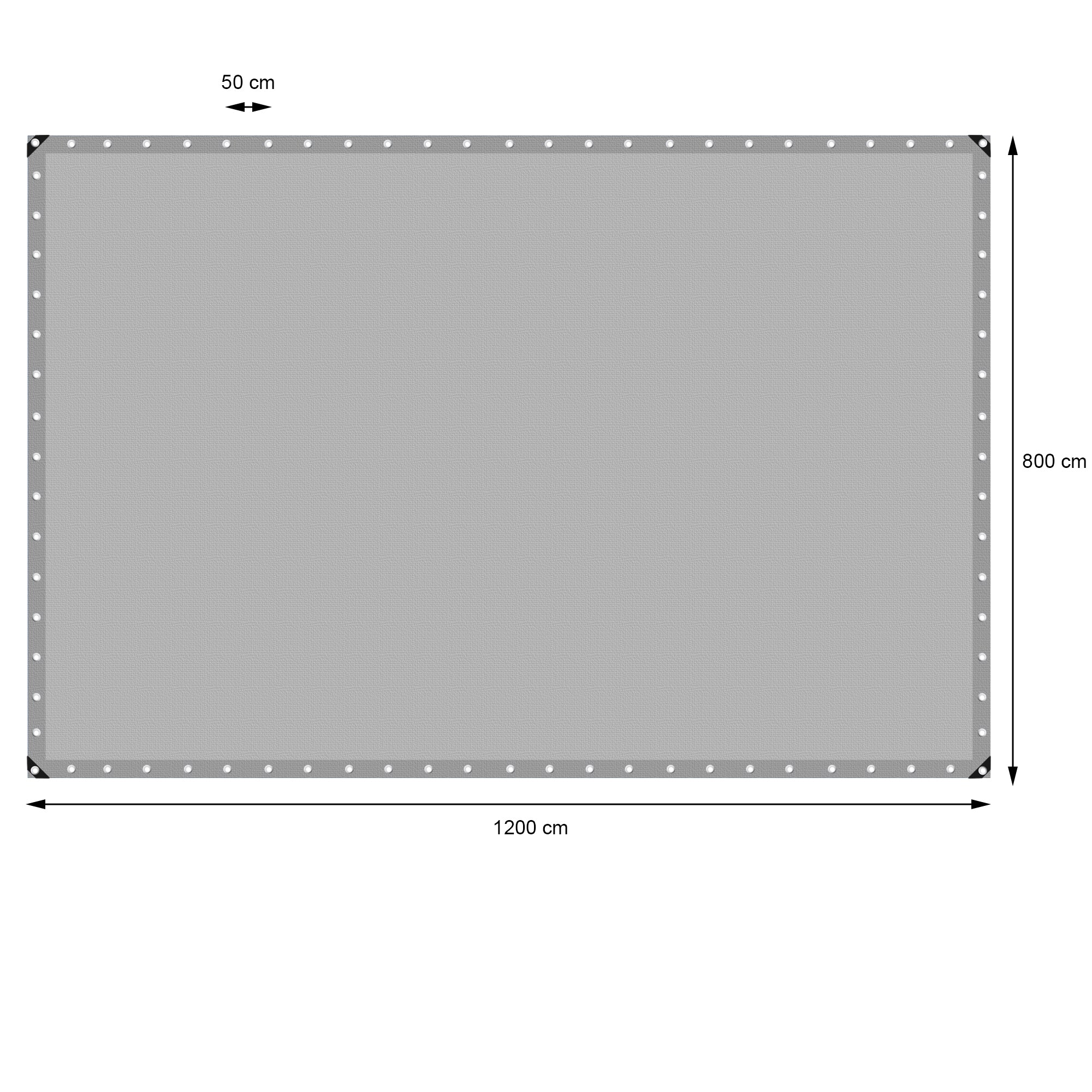 Harmaa suorakulmainen pressu mitoiltaan 1200 cm x 800 cm.