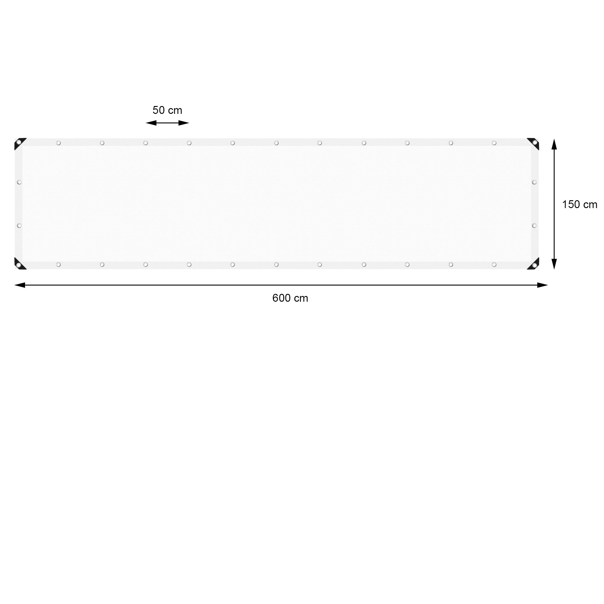 Telo bianco con misure 600 cm x 150 cm, con occhielli agli angoli.