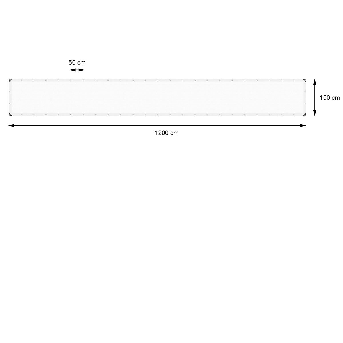 Lange, schmale, weiße Plane mit Maßen 1200 cm x 50 cm.