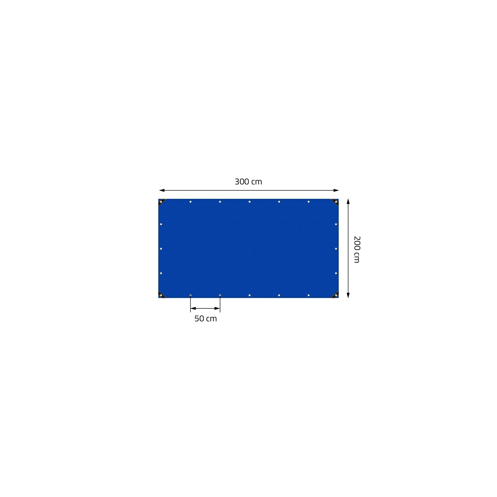 Blaue Plane mit Maßen 300 cm x 200 cm und Ösen zur Befestigung.