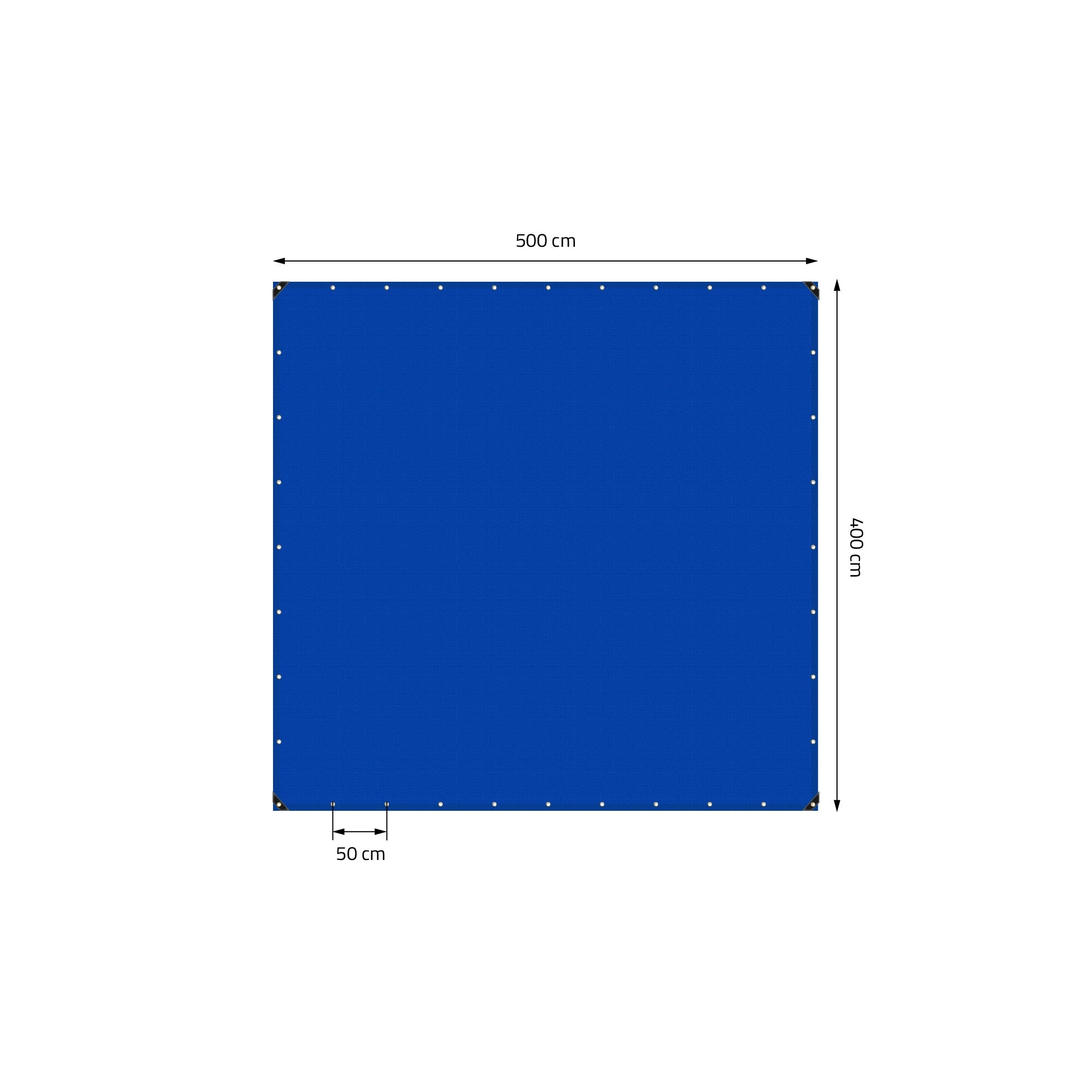Telo blu con dimensioni 500 cm x 400 cm e occhielli a intervalli regolari.