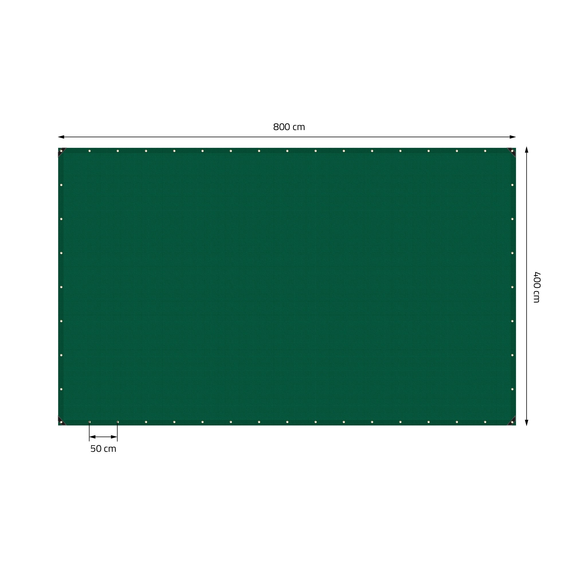 Grüne Plane mit Maßen 800 cm x 400 cm und Ösen entlang der Kanten.