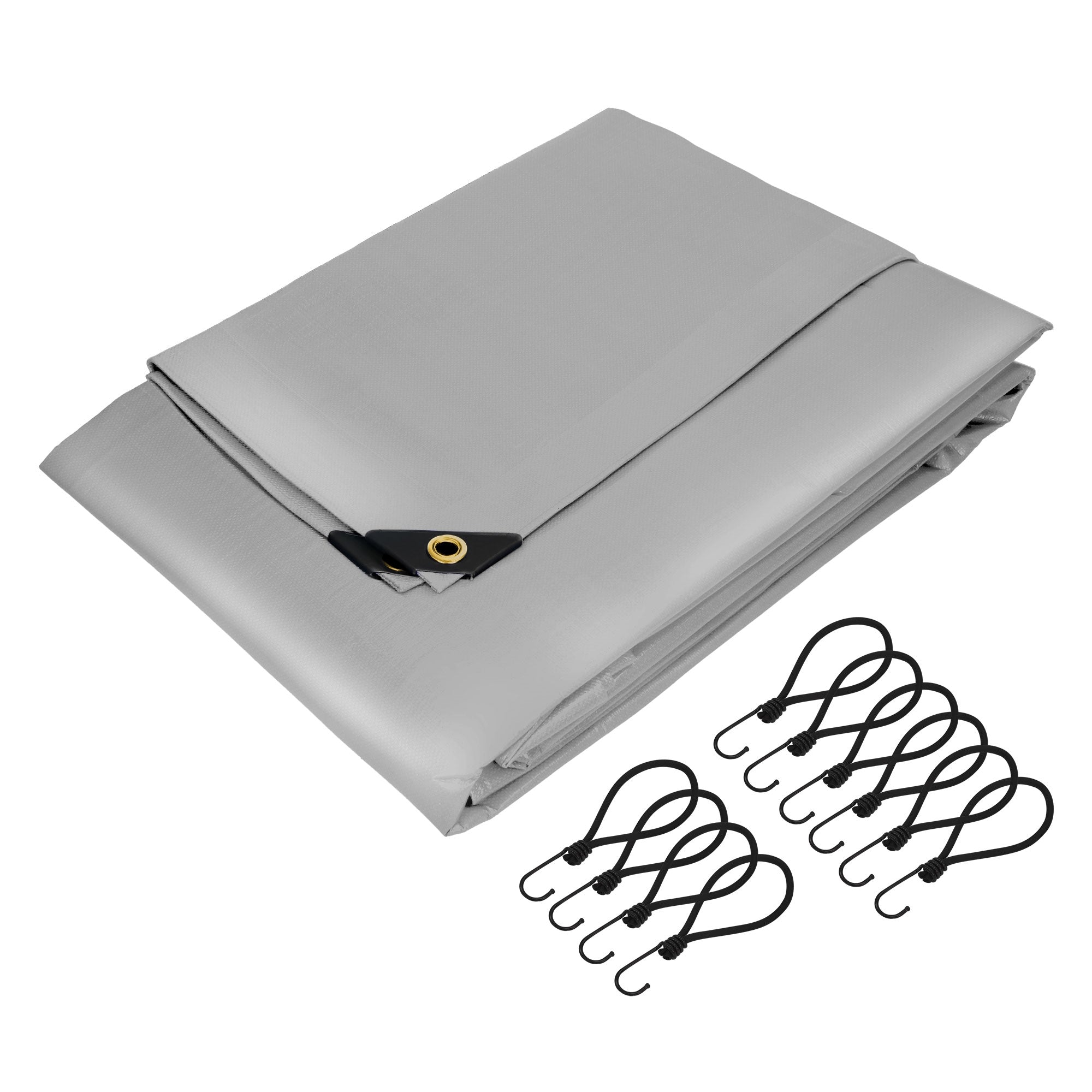 Gray tarp, folded, with eyelets and several hooks.