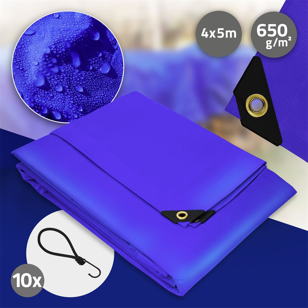 Blaue Plane, 4x5m, 650 g/m², mit Ösen und einem Haken.