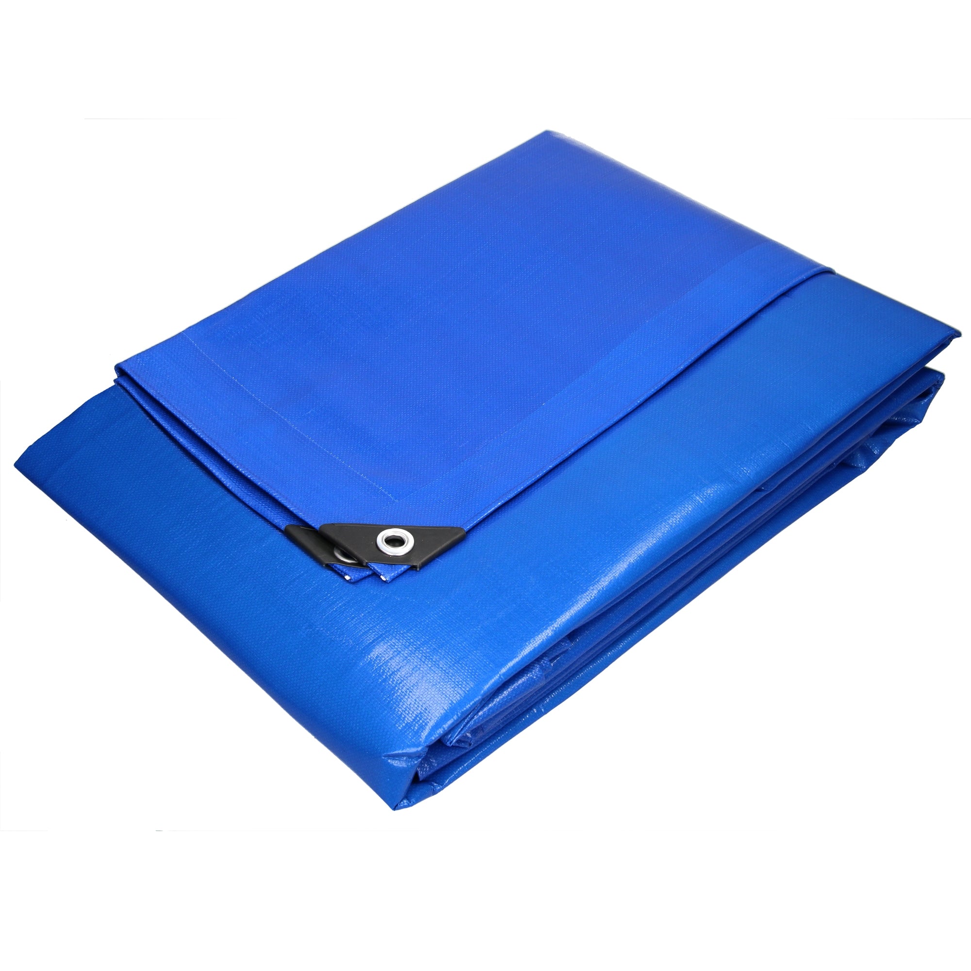 Blaue Plane, gefaltet, mit schwarzem Eckstück und Öse.
