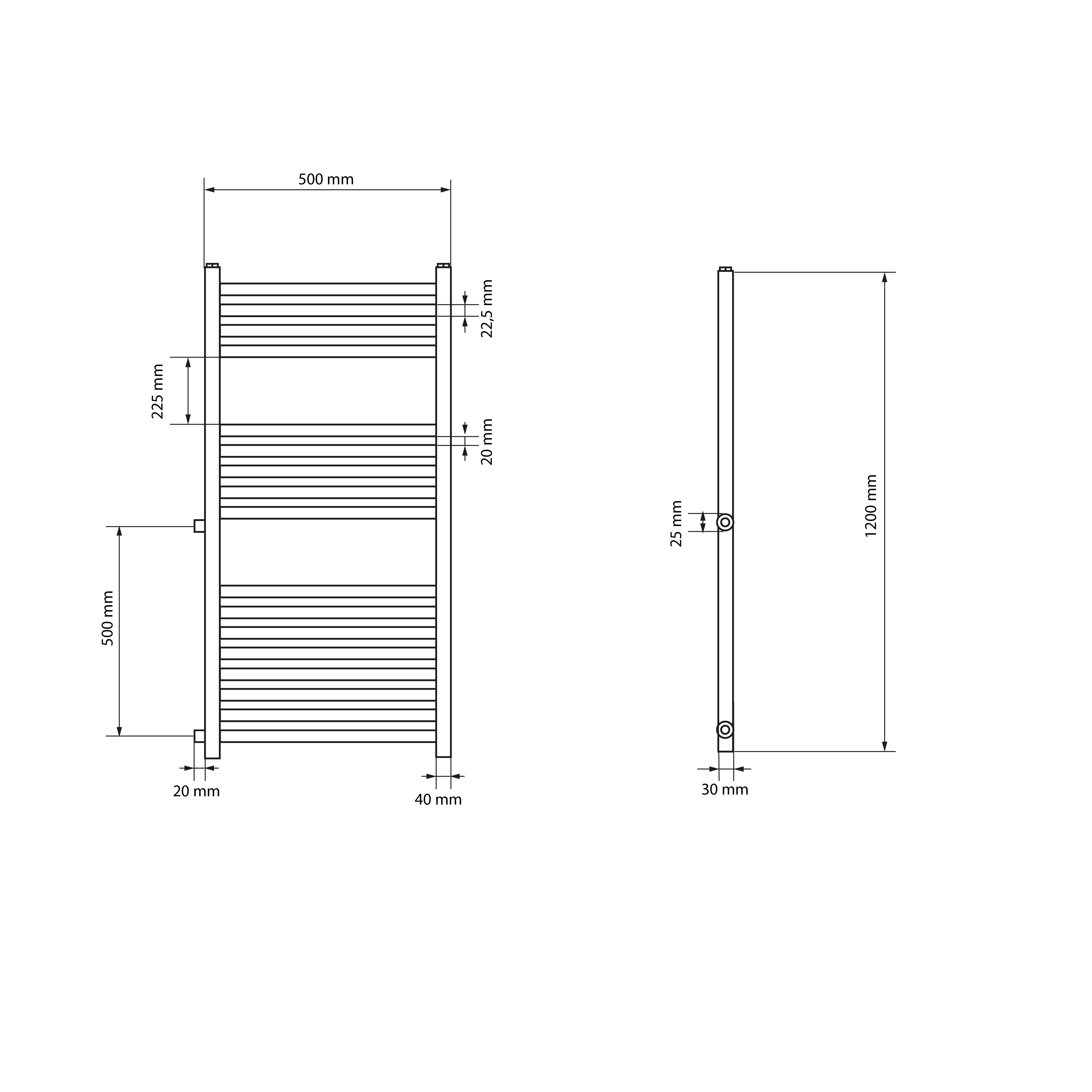 Technische Zeichnung eines Heizkörpers mit Maßen.