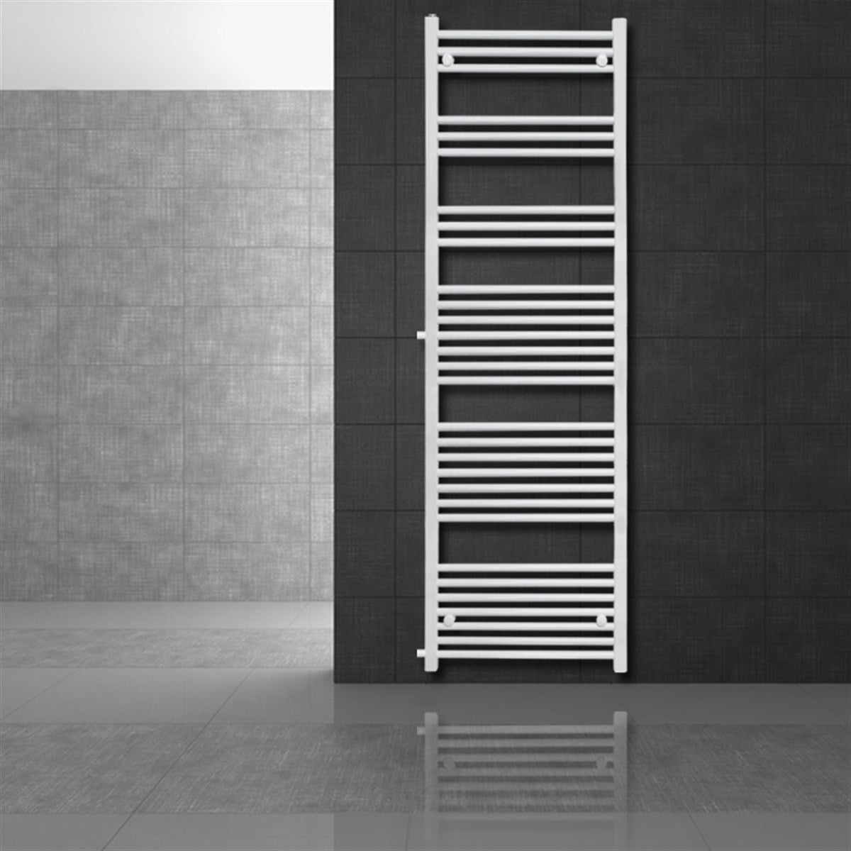A white towel radiator on a dark wall in a modern room.