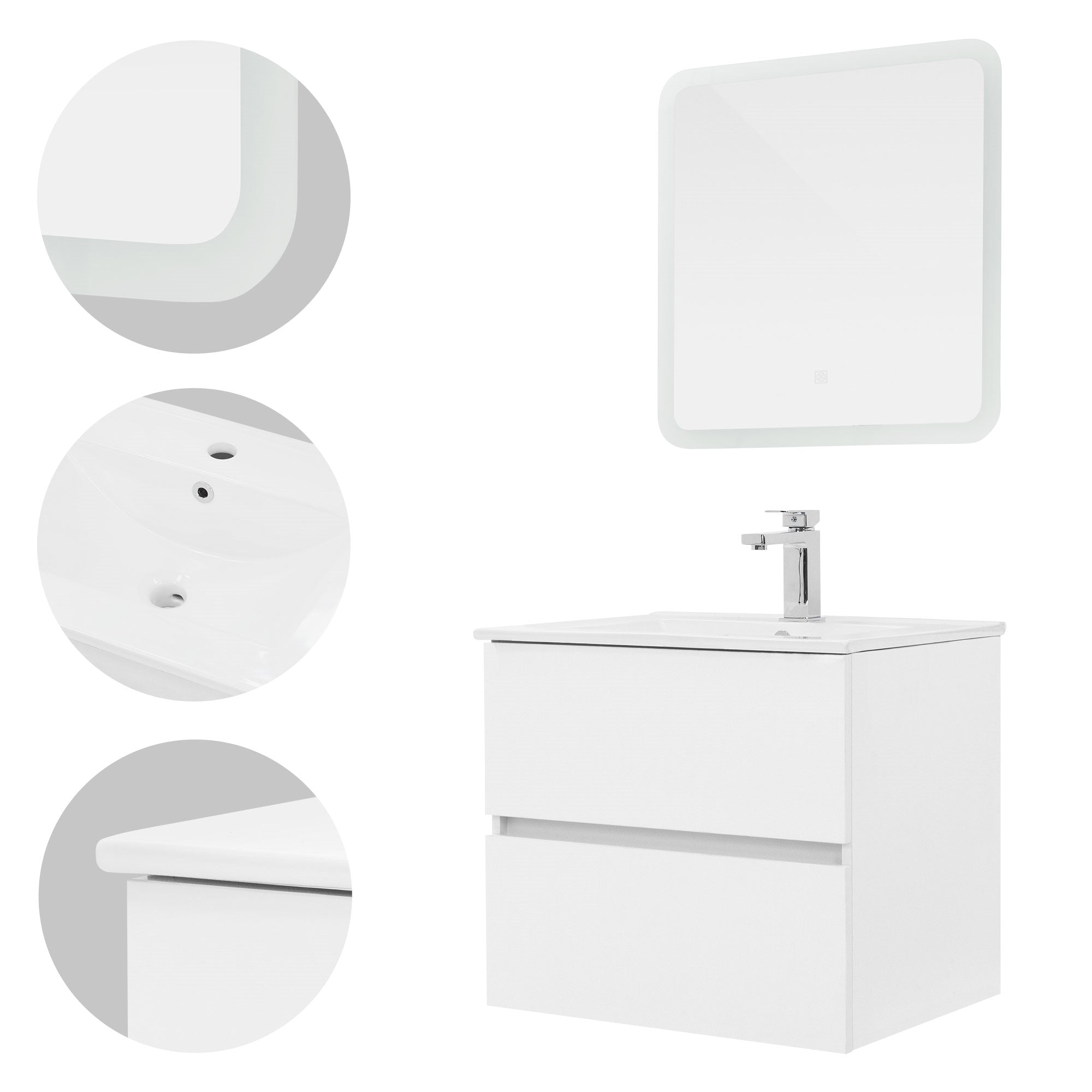 Weißer Badezimmerunterschrank mit Waschbecken und Spiegel.
