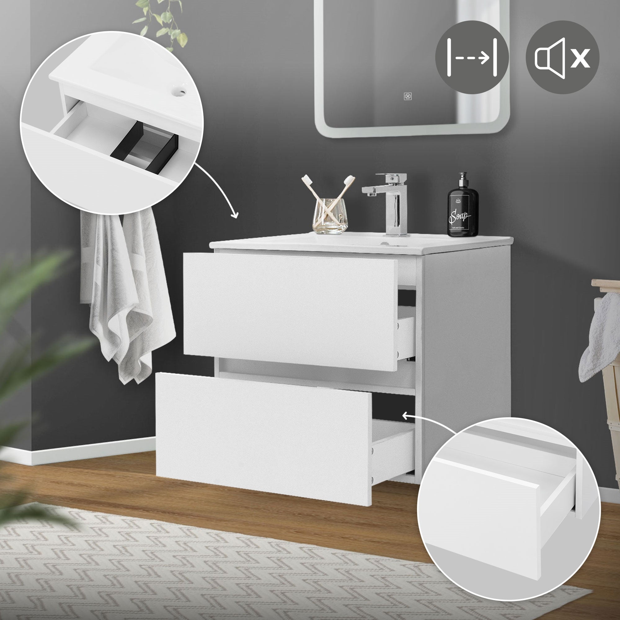 Weißer Badezimmerunterschrank mit zwei Schubladen und Waschbecken.