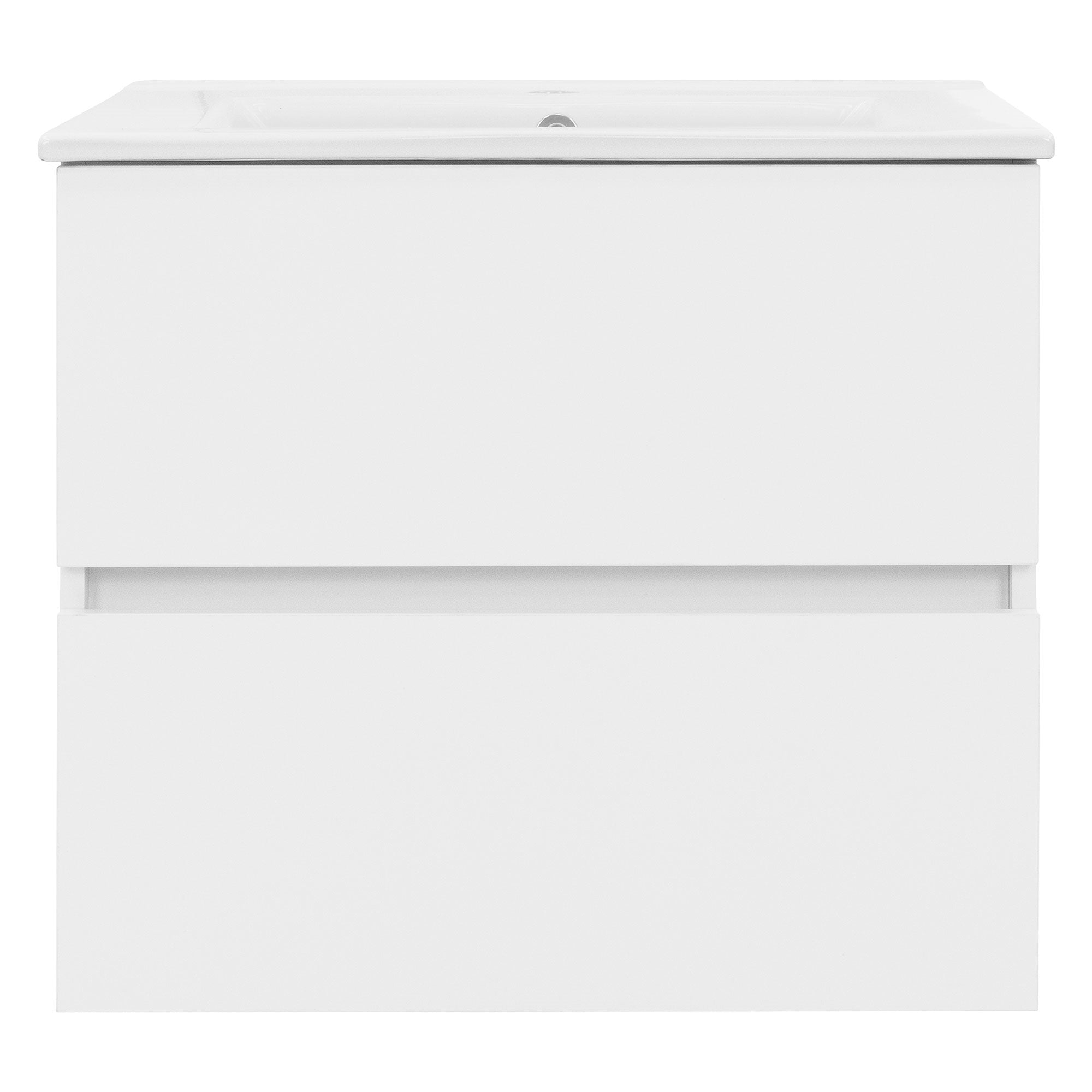 Vue de face d'un meuble blanc avec deux tiroirs.