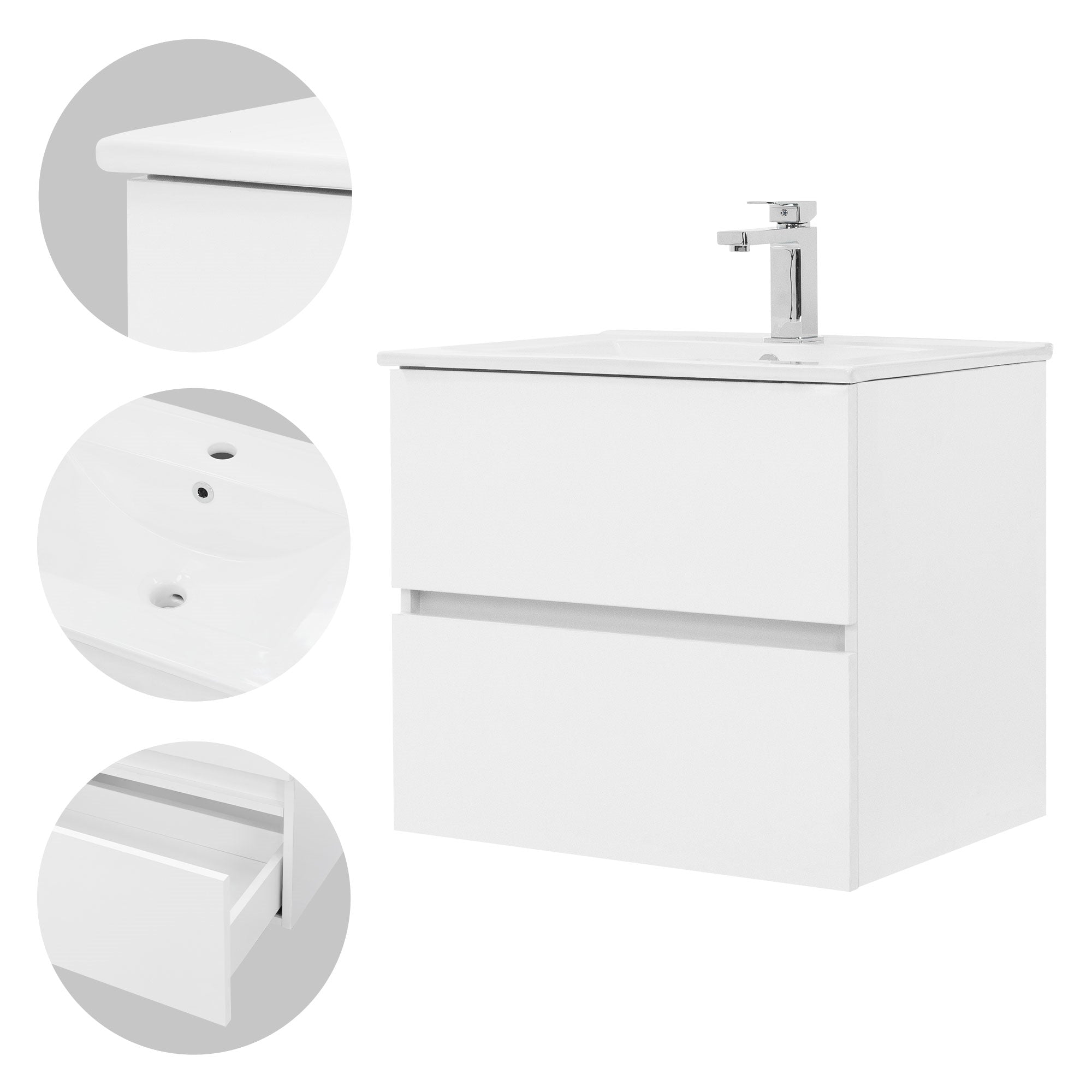 Gros plan du meuble sous lavabo blanc avec robinet et tiroirs.