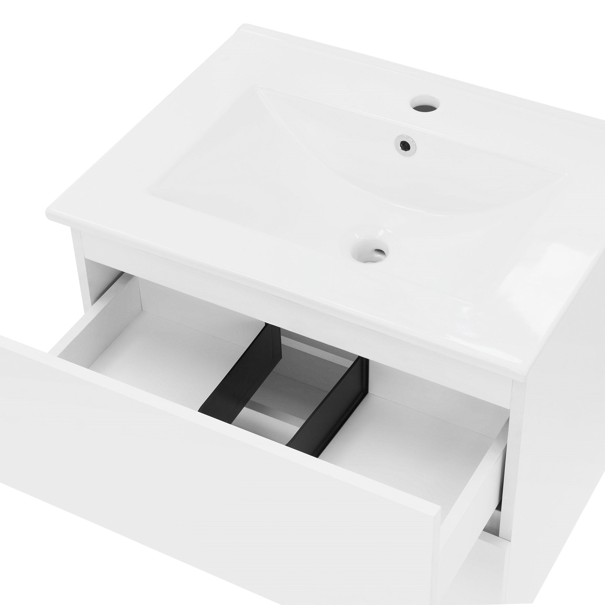 Meuble de lavabo avec lavabo et tiroir ouvert montrant un séparateur.