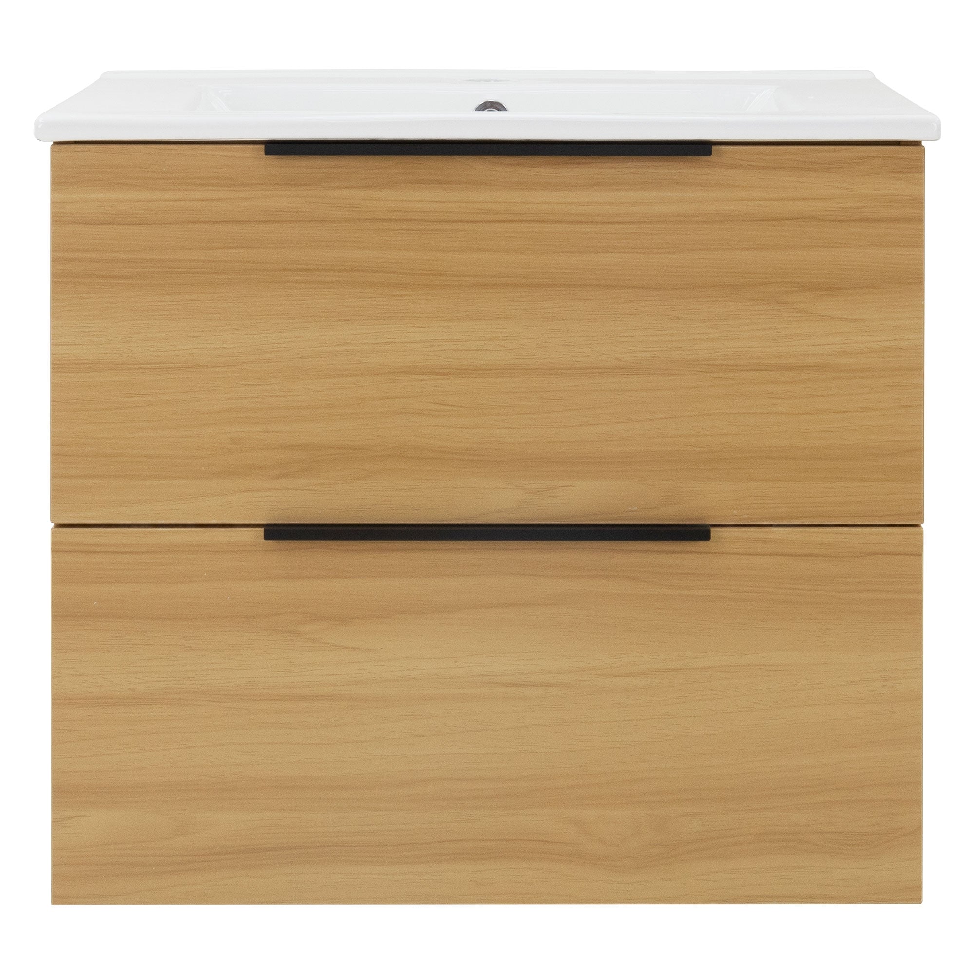 Vista frontal de un armario de madera con dos cajones y lavabo.