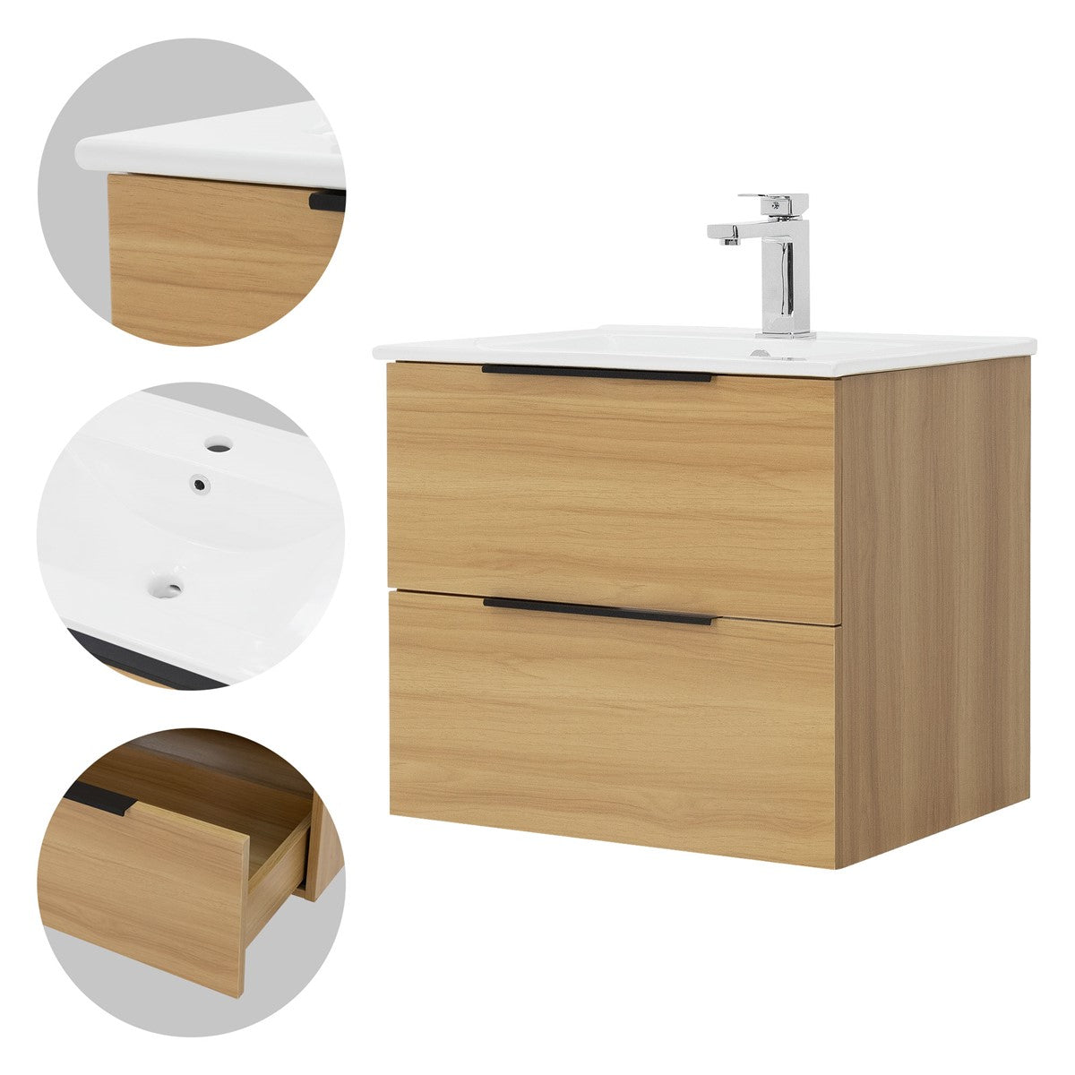 Gros plan sur un meuble sous-vasque en bois avec deux tiroirs et un robinet.