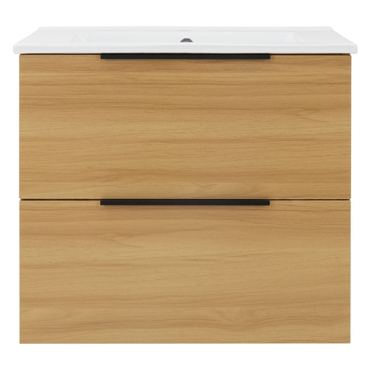 Un meuble sous-vasque avec deux tiroirs aspect bois.
