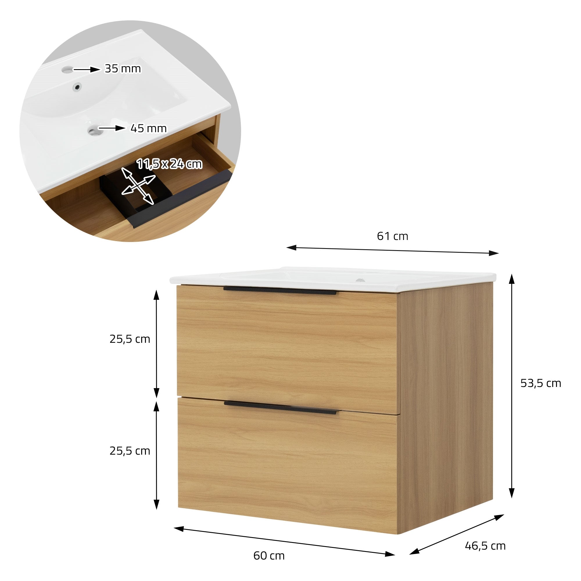 Armario de madera con dos cajones y lavabo, medidas indicadas.